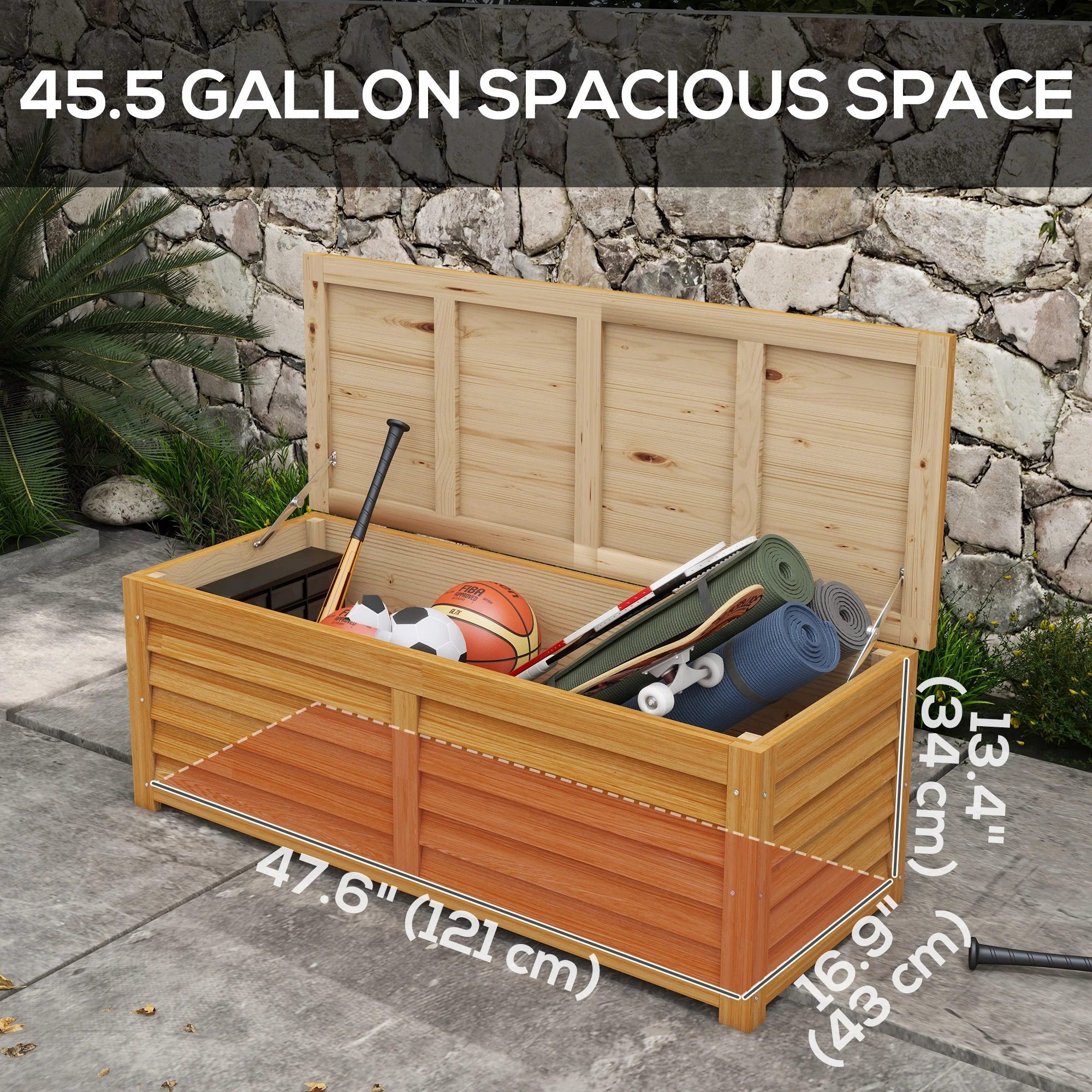 47" Light Brown Wooden Deck Box with Safety Hinges, 51.2" x 19.7" x 17.7", Light Brown - Image 6