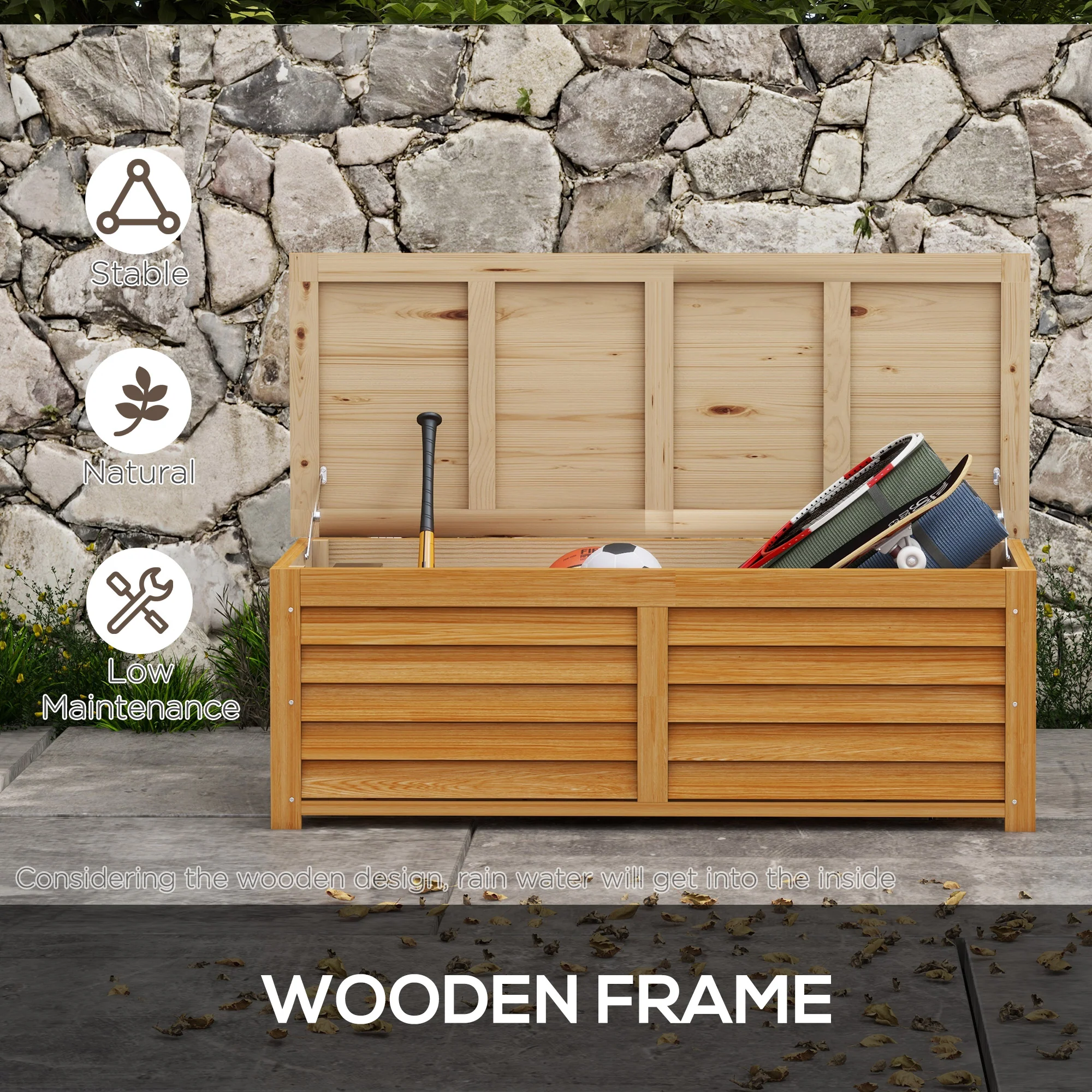 47" Light Brown Wooden Deck Box with Safety Hinges, 51.2" x 19.7" x 17.7", Light Brown - Image 8