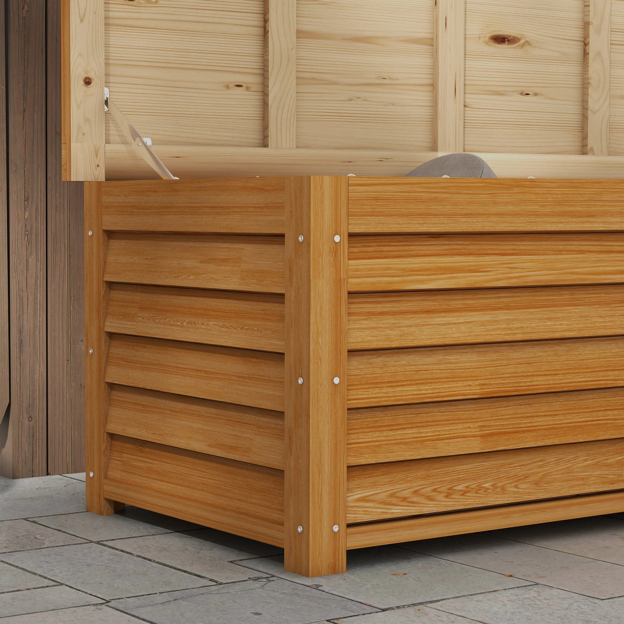 47" Light Brown Wooden Deck Box with Safety Hinges, 51.2" x 19.7" x 17.7", Light Brown - Image 9