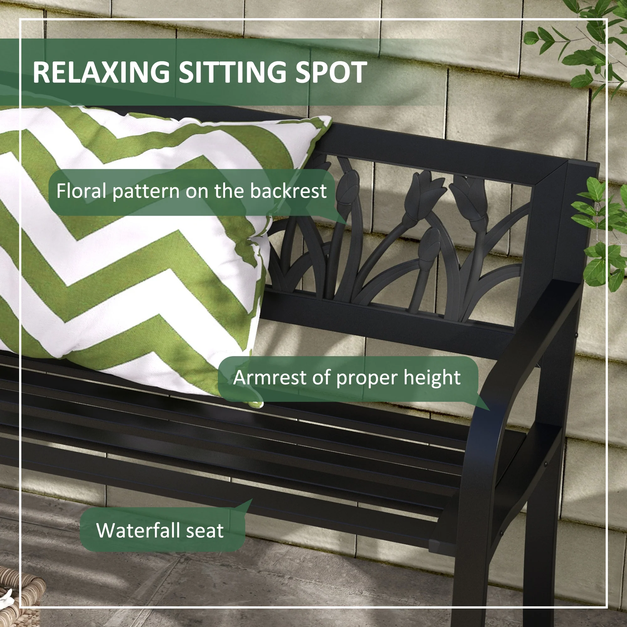 49" Metal Outdoor Bench Patio Bench with Curved Arms & Slatted Seat for Patio, Black - Image 7