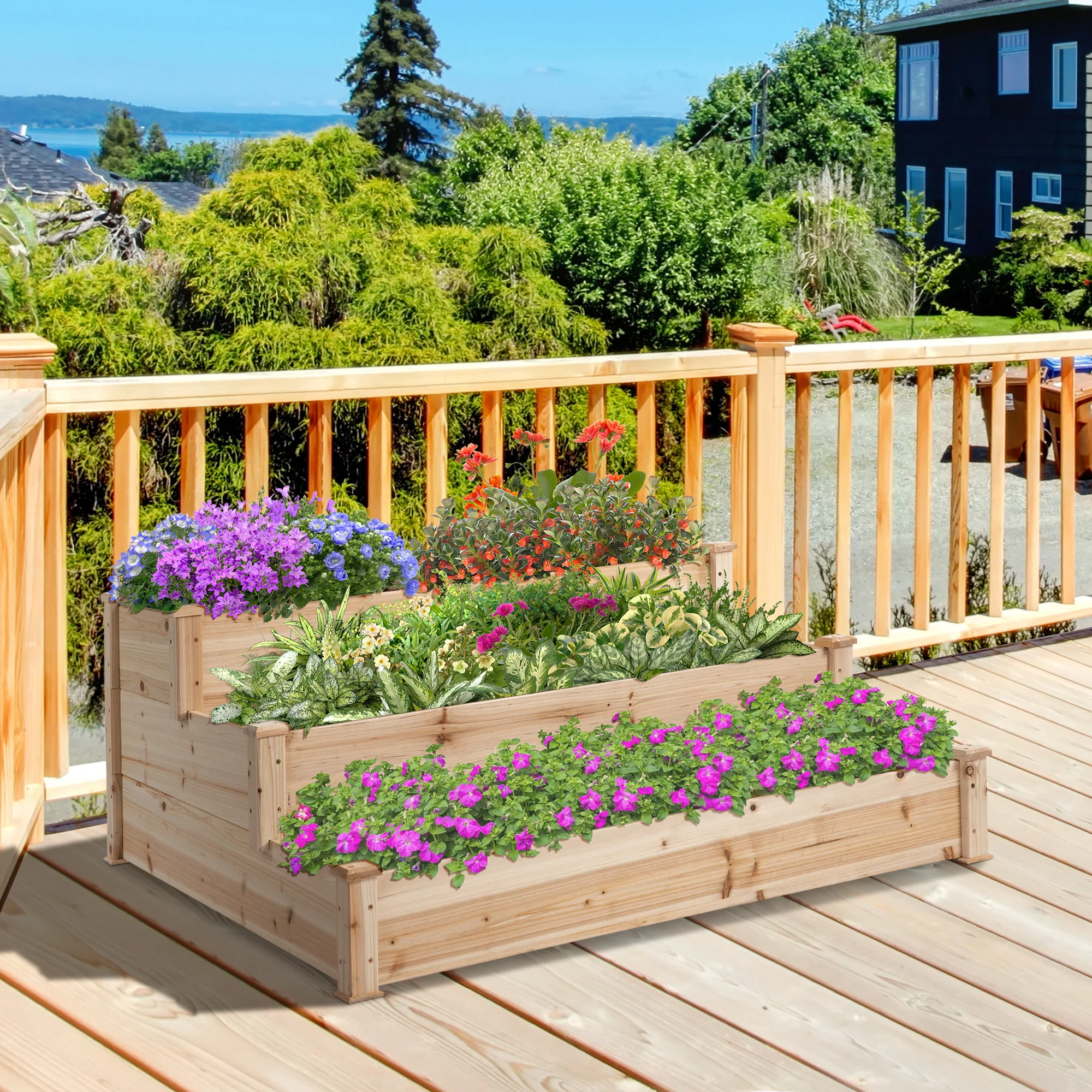 49" x 49" x 22" 3-Tier Wooden Raised Garden Bed Planter, Natural - Image 3