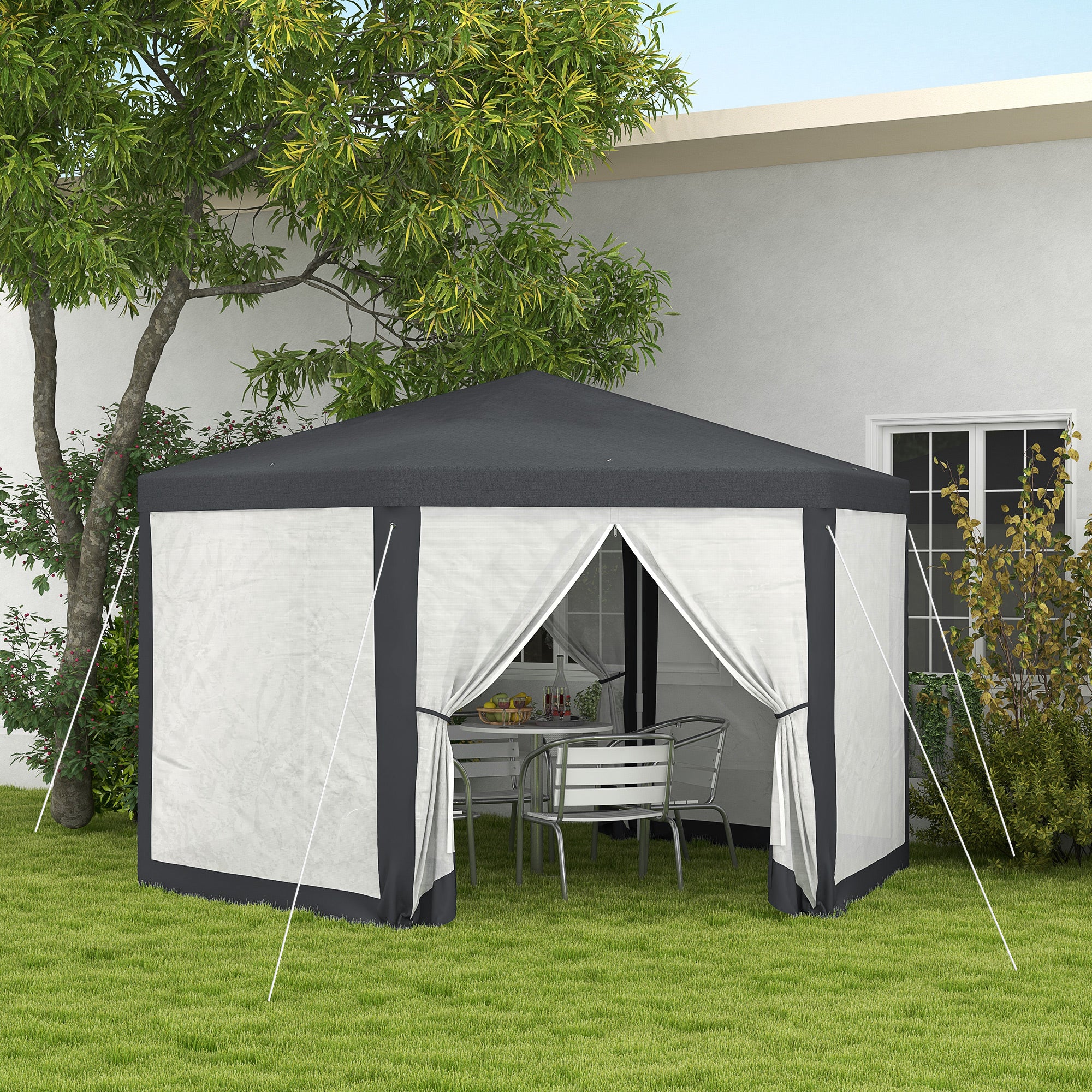 4m Hexagonal Gazebo Canopy Party Tent with Mesh Walls for Outdoor Event, Dark Grey - Image 3