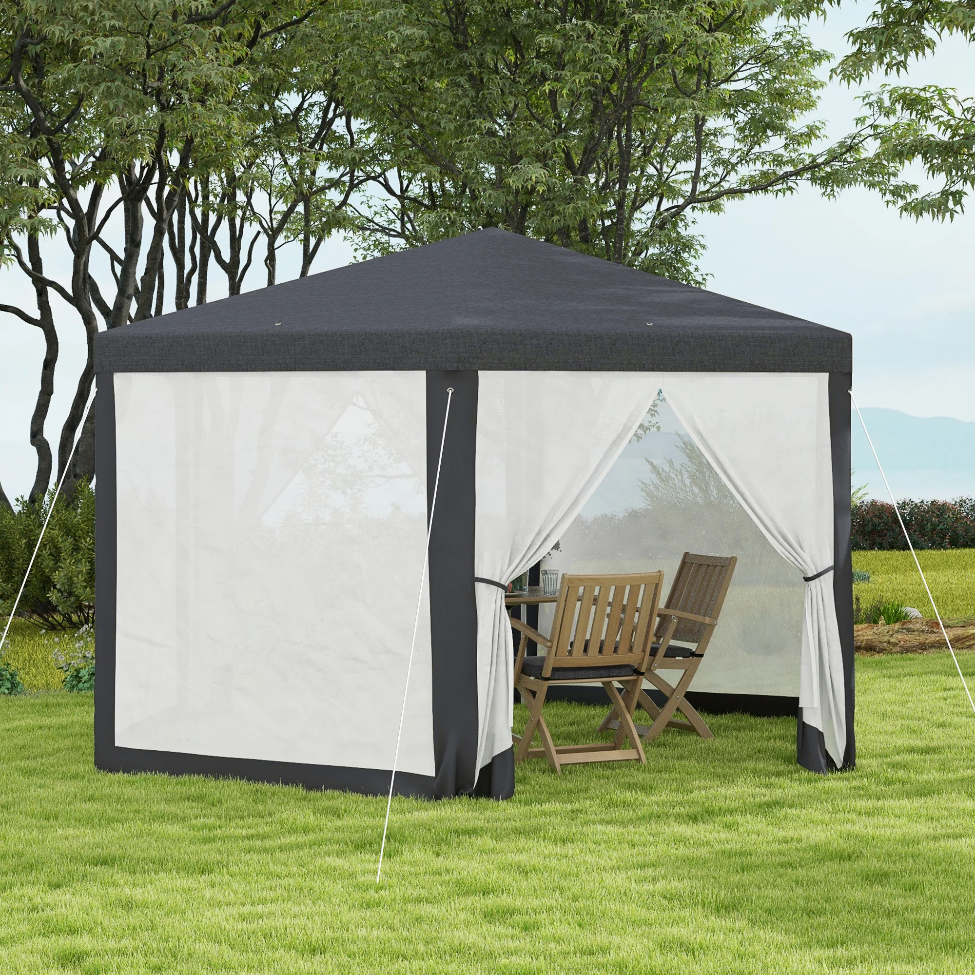 4m Hexagonal Gazebo Canopy Party Tent with Mesh Walls for Outdoor Event, Dark Grey - Image 4