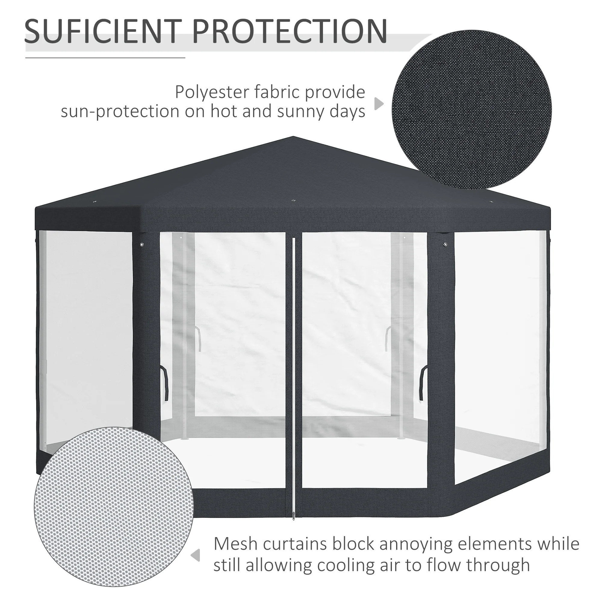 4m Hexagonal Gazebo Canopy Party Tent with Mesh Walls for Outdoor Event, Dark Grey - Image 6