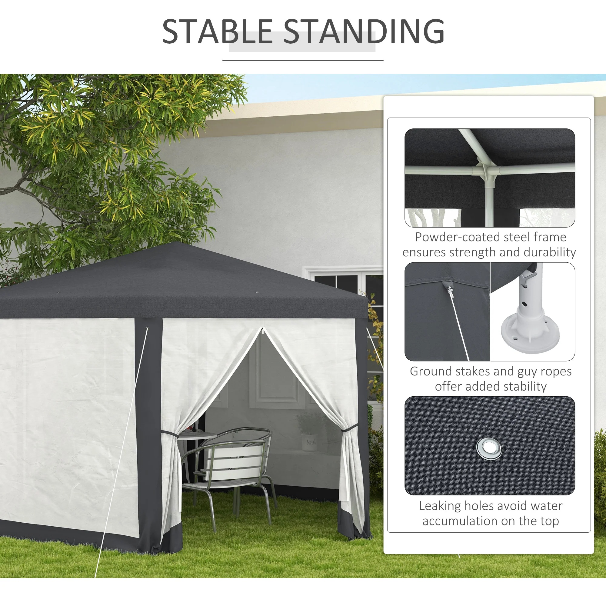 4m Hexagonal Gazebo Canopy Party Tent with Mesh Walls for Outdoor Event, Dark Grey - Image 8