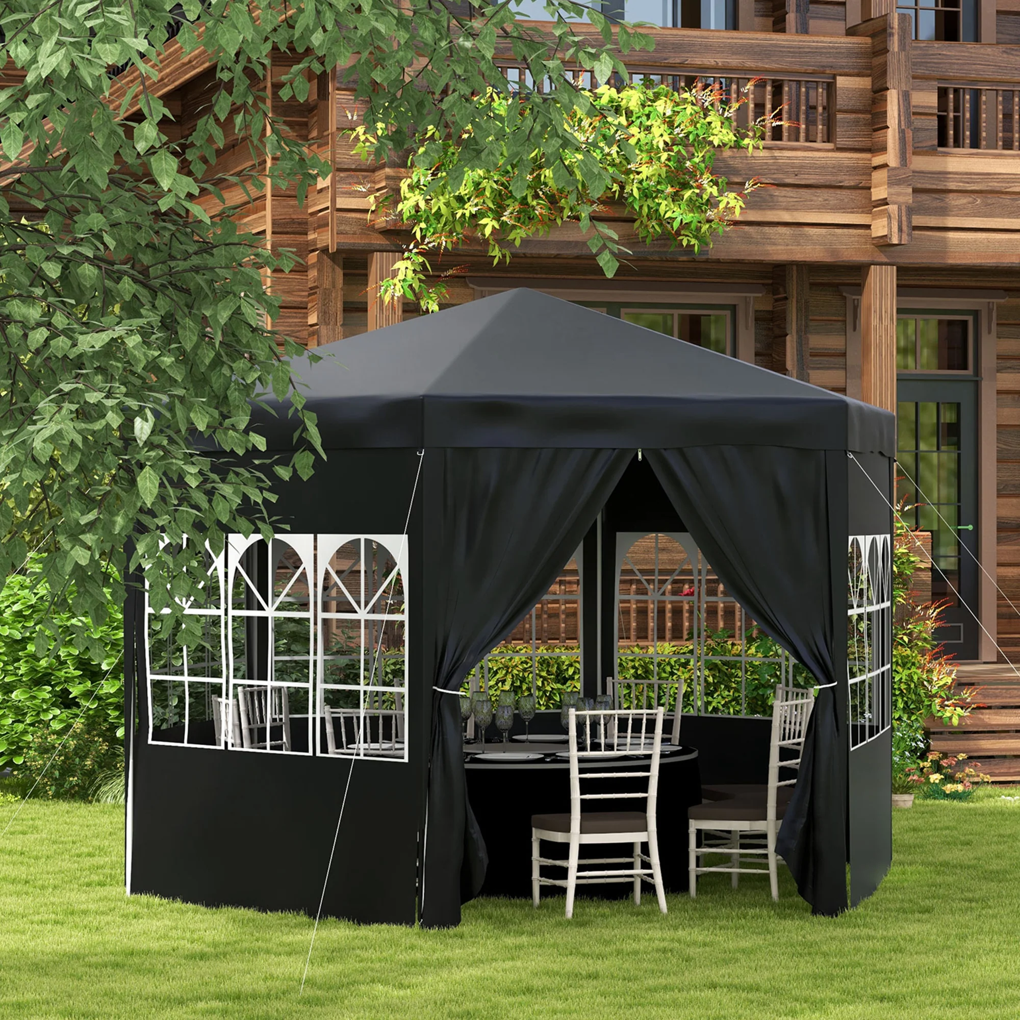 4m Hexagonal Canopy Party Tent with Windows & 6 Removable SideWalls for Outdoor Event, Black - Image 3