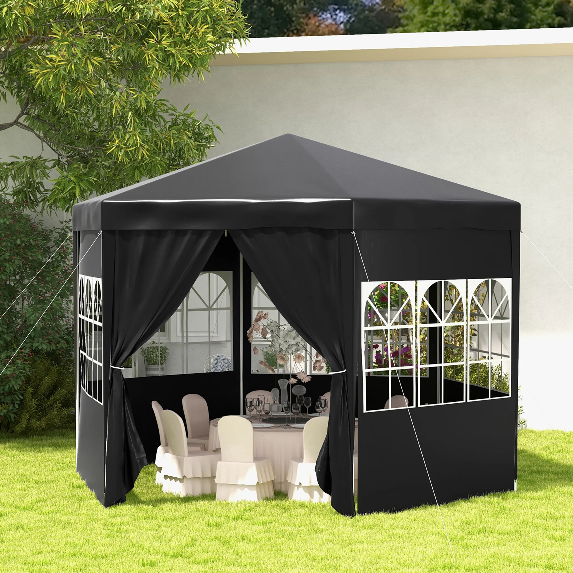 4m Hexagonal Canopy Party Tent with Windows & 6 Removable SideWalls for Outdoor Event, Black - Image 4