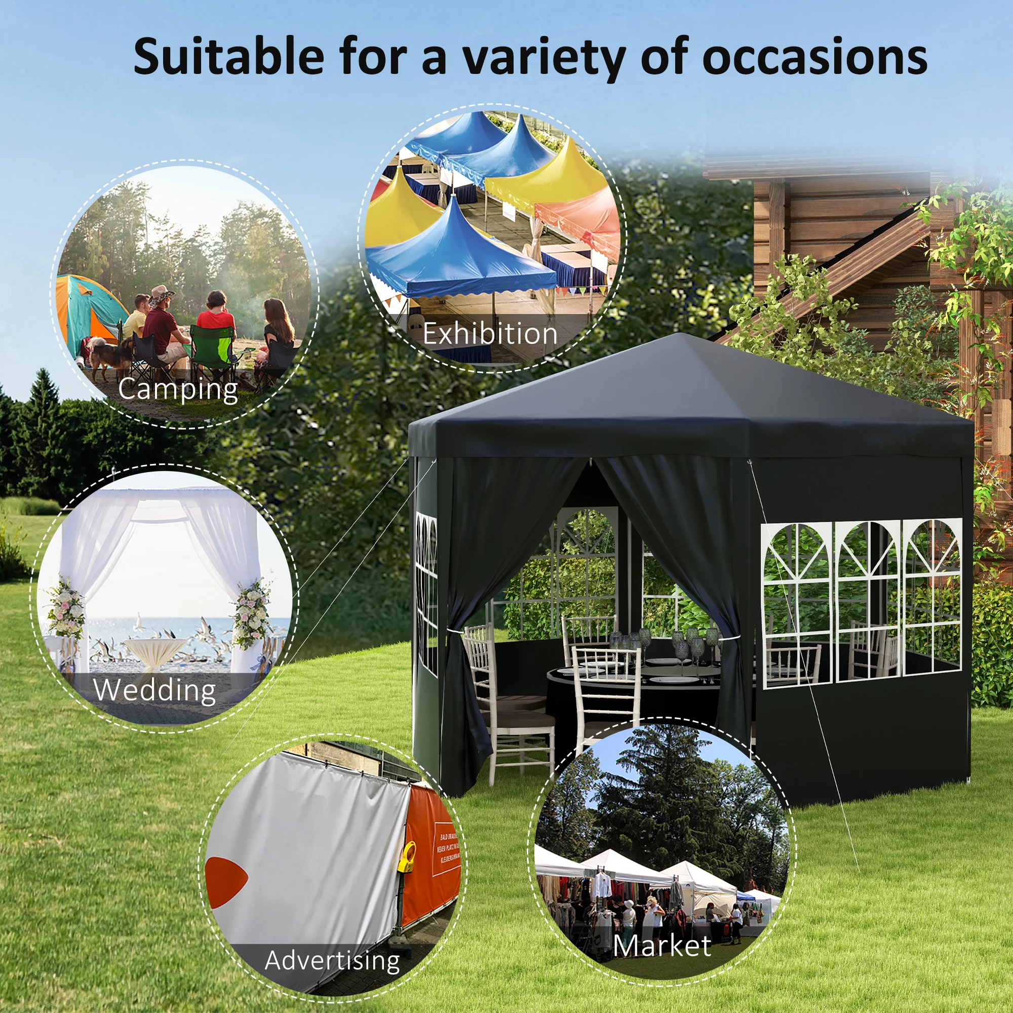 4m Hexagonal Canopy Party Tent with Windows & 6 Removable SideWalls for Outdoor Event, Black - Image 8