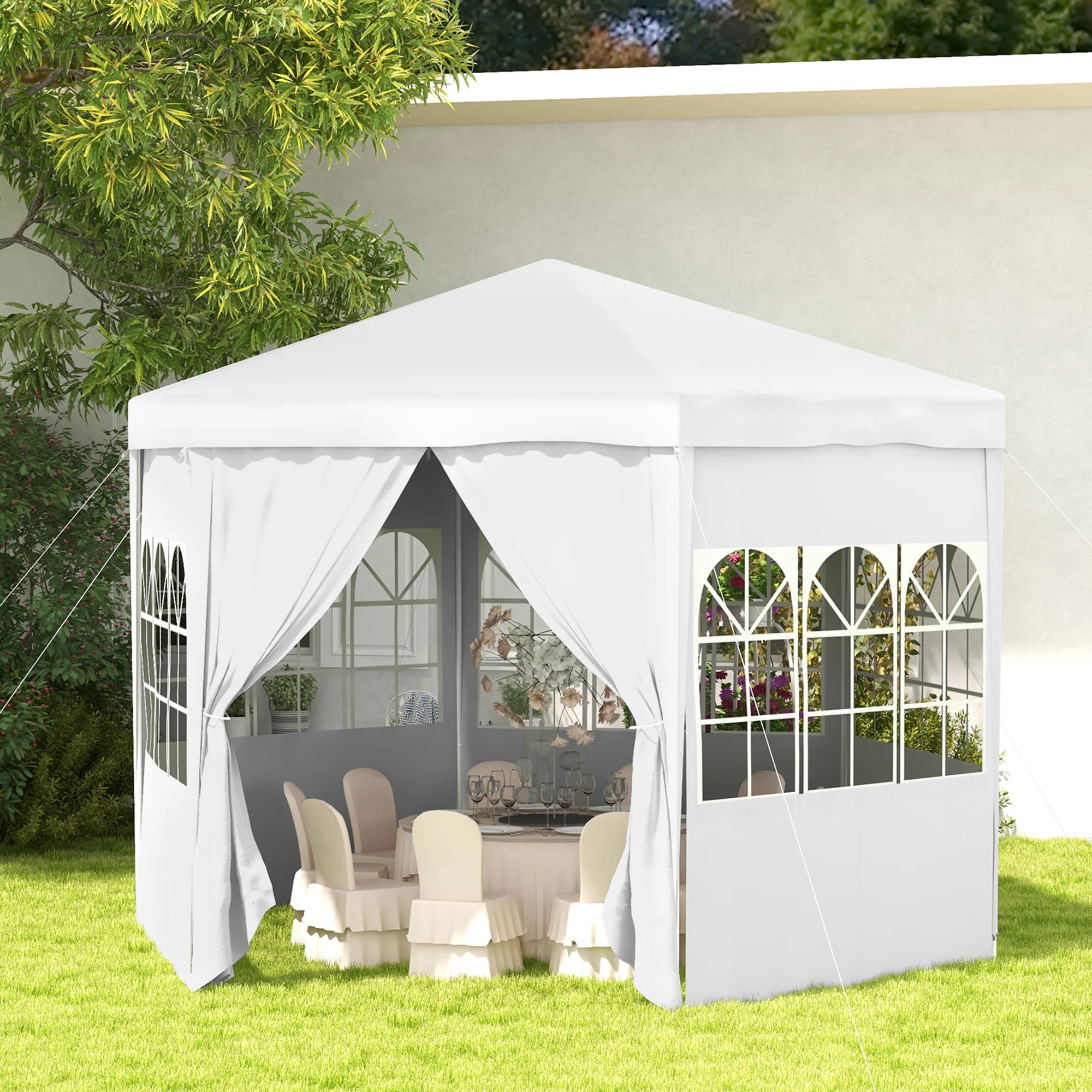 4m Hexagonal Canopy Party Tent with Windows & 6 Removable SideWalls for Outdoor Event, White - Image 4