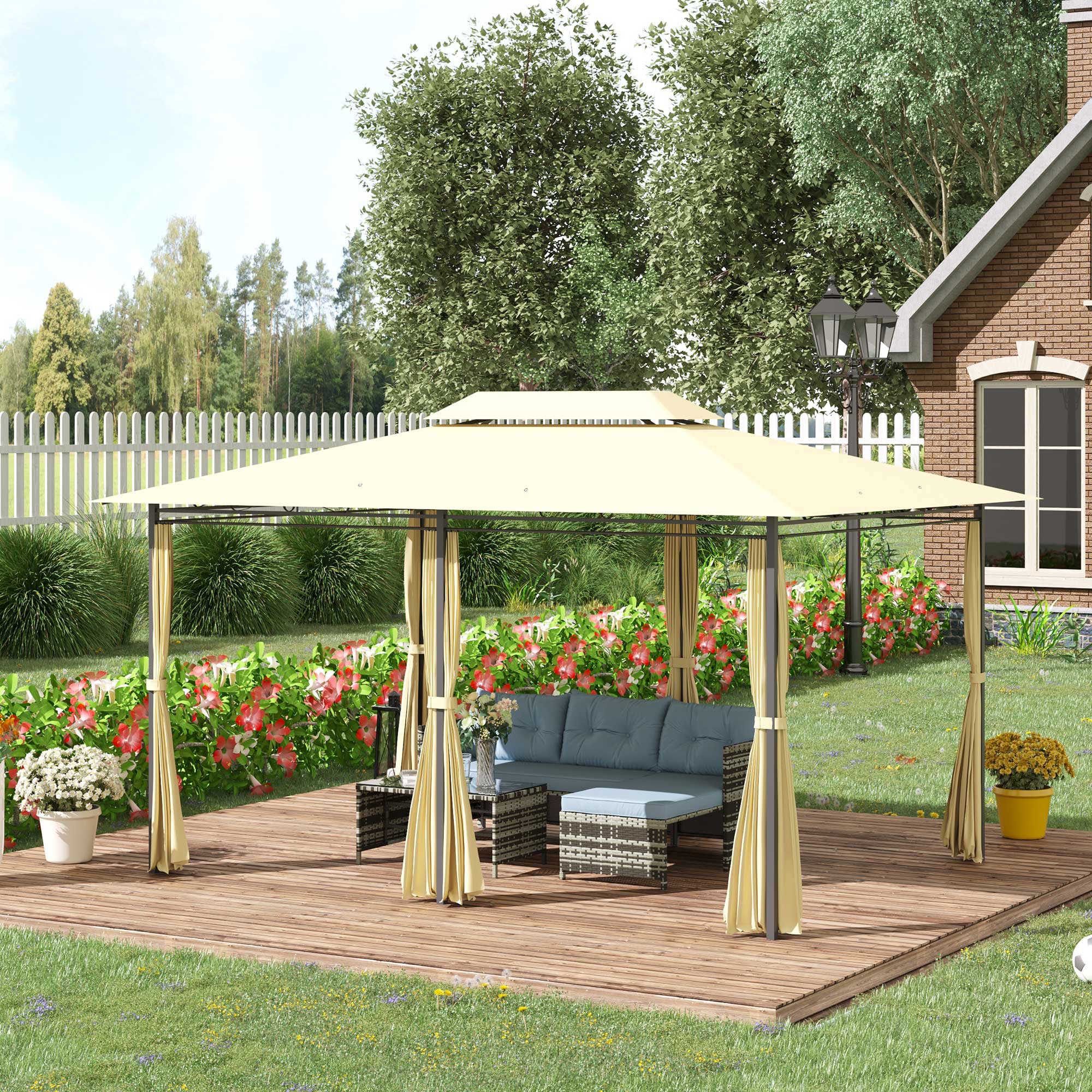 4 x 3m Garden Gazebo with Double Roof & Curtains, Beige - Image 4