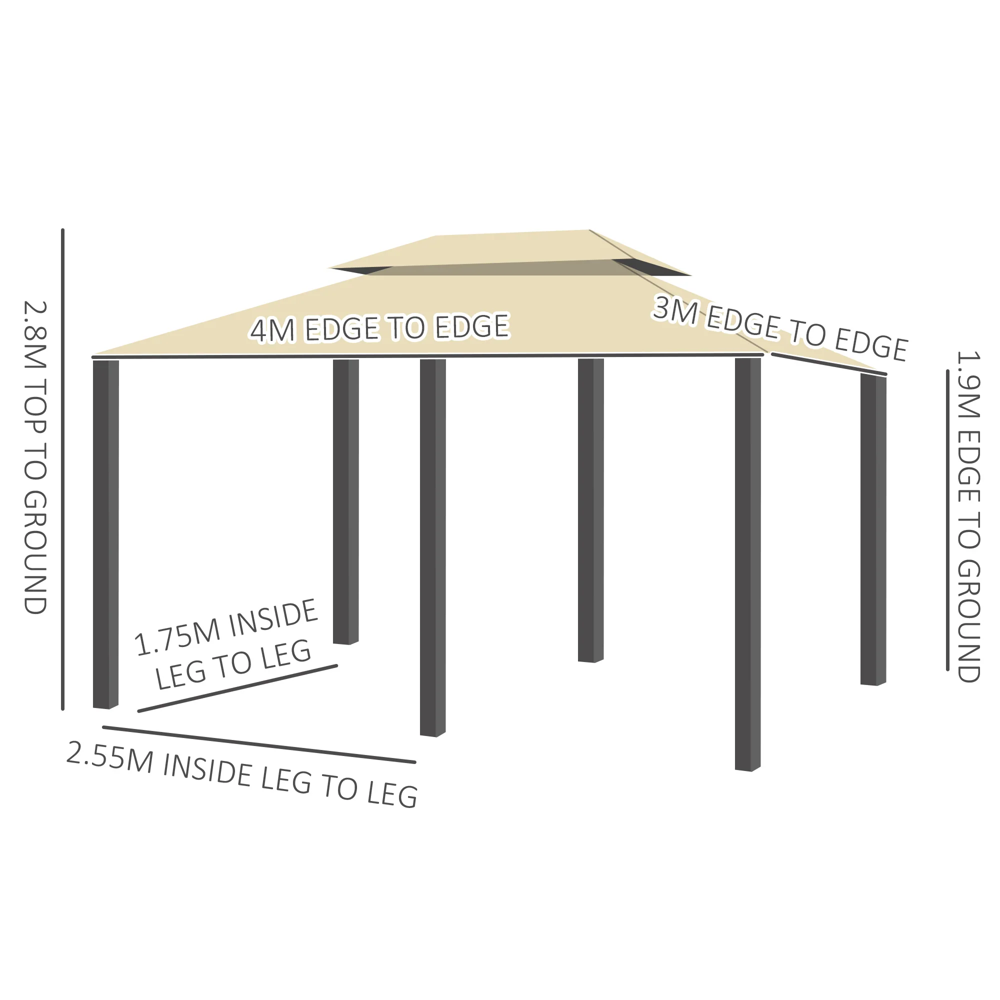 4 x 3m Garden Gazebo with Double Roof & Curtains, Beige - Image 5