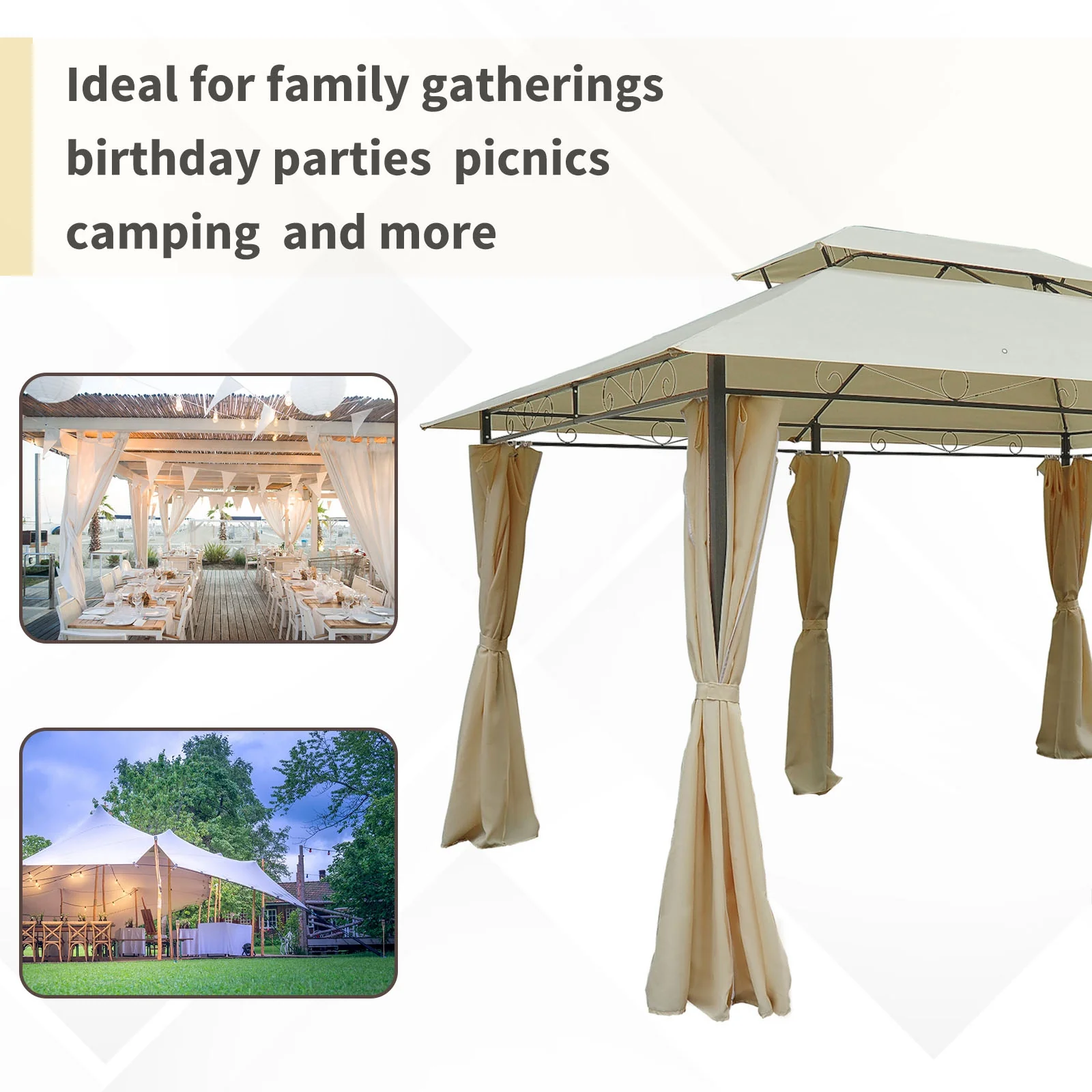 4 x 3m Garden Gazebo with Double Roof & Curtains, Beige - Image 7