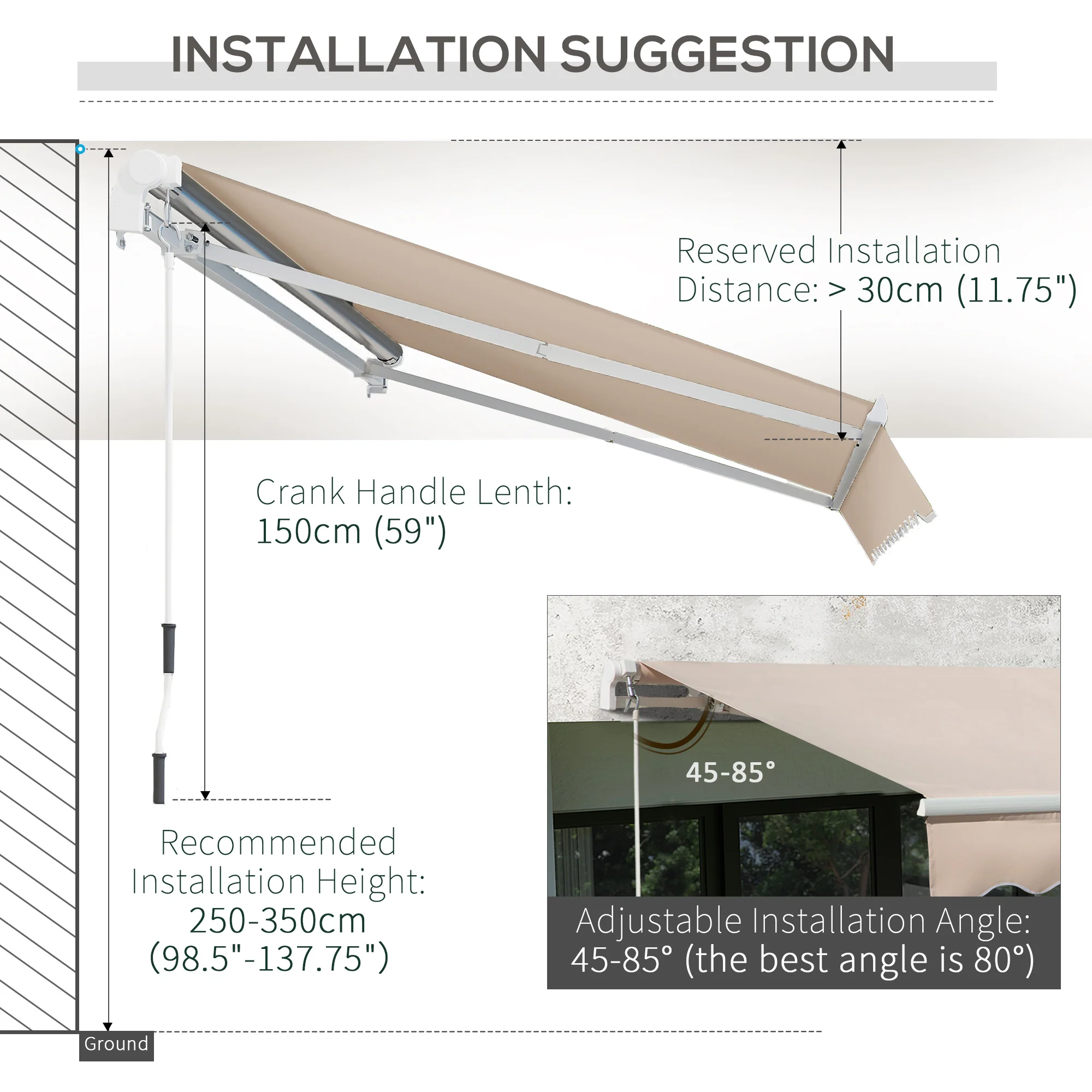 4 x 2.5m Retractable Manual Awning, Sun Shade Canopy w/ Fittings & Crank Handle, Beige - Image 10