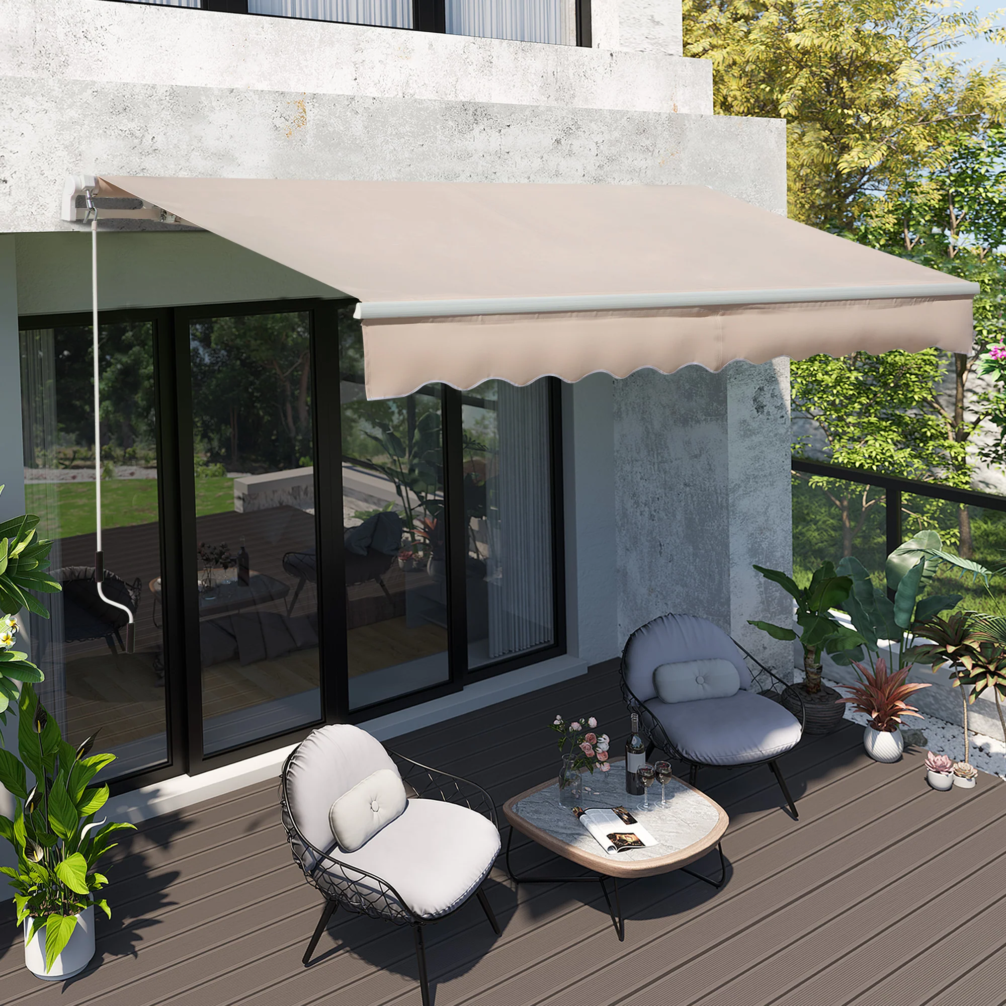 4 x 2.5m Retractable Manual Awning, Sun Shade Canopy w/ Fittings & Crank Handle, Beige - Image 4