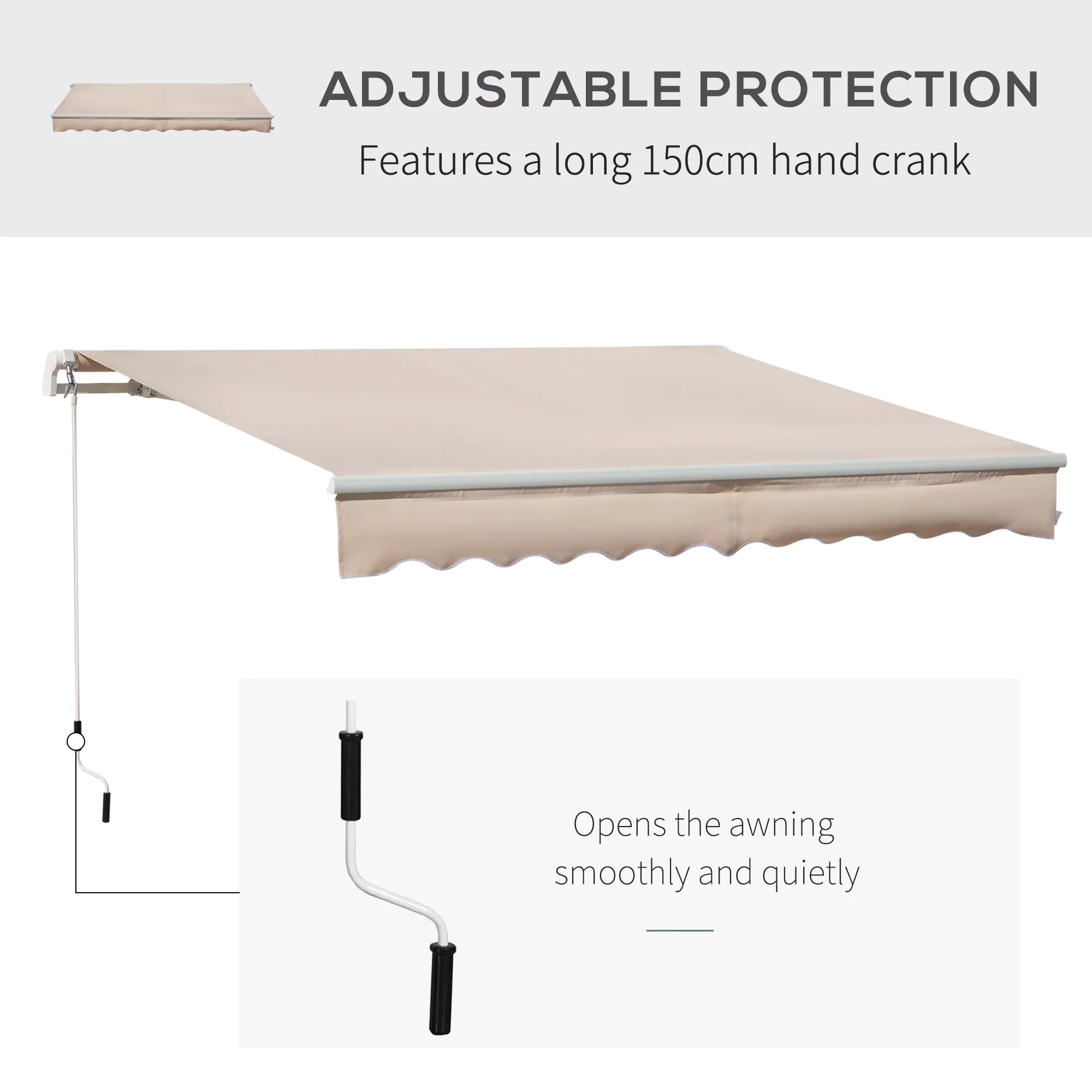 4 x 2.5m Retractable Manual Awning, Sun Shade Canopy w/ Fittings & Crank Handle, Beige - Image 6
