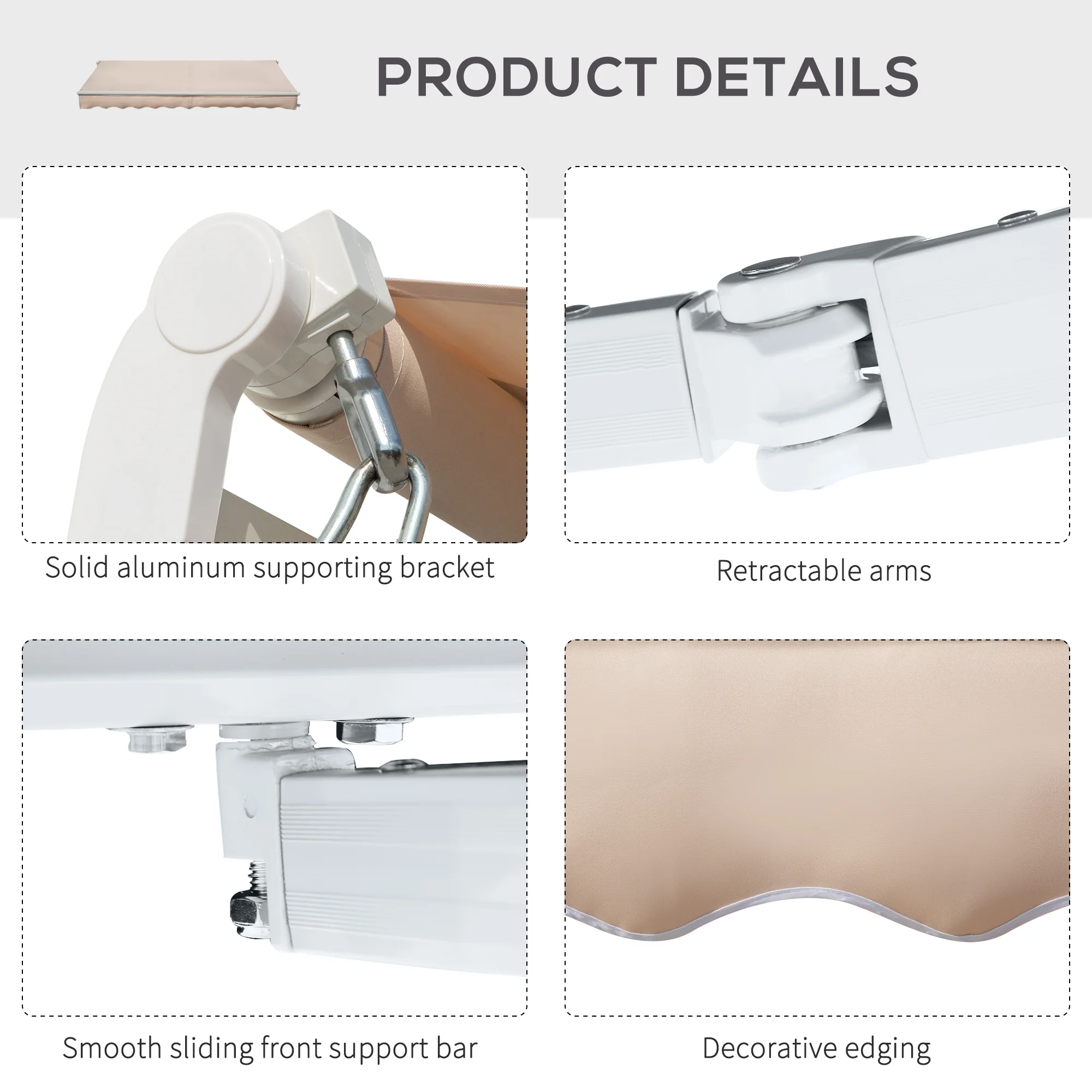 4 x 2.5m Retractable Manual Awning, Sun Shade Canopy w/ Fittings & Crank Handle, Beige - Image 7