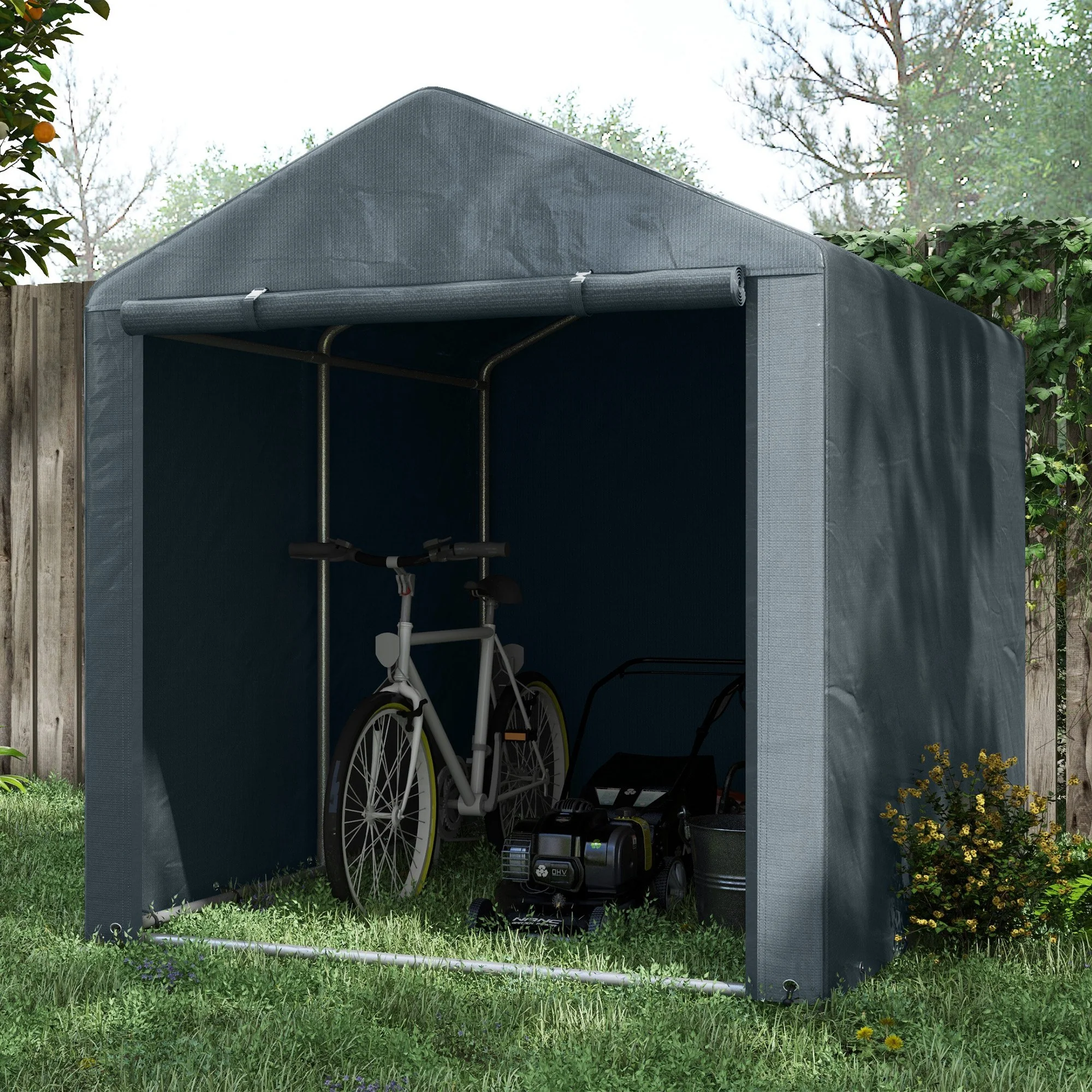 5.2' x 7.2' Portable Storage Shed with Galvanized Frame, Waterproof Cover and Roll-up Door, Dark Grey - Image 4