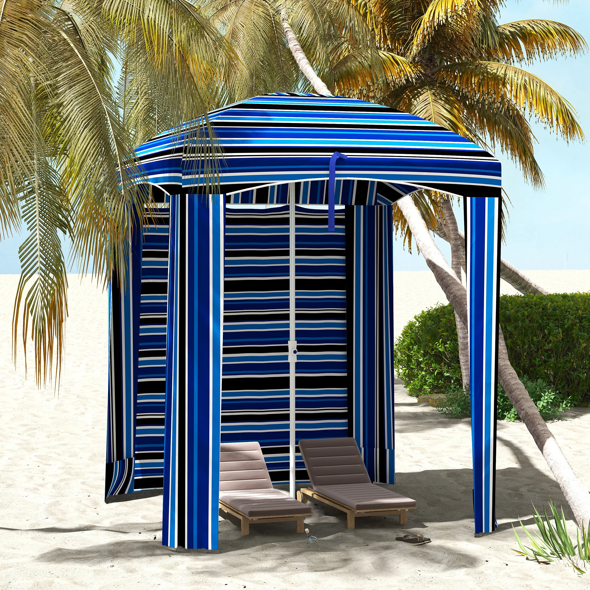 5.9' x 5.9' Portable Beach Cabana Umbrella, Blue Stripe - Image 3