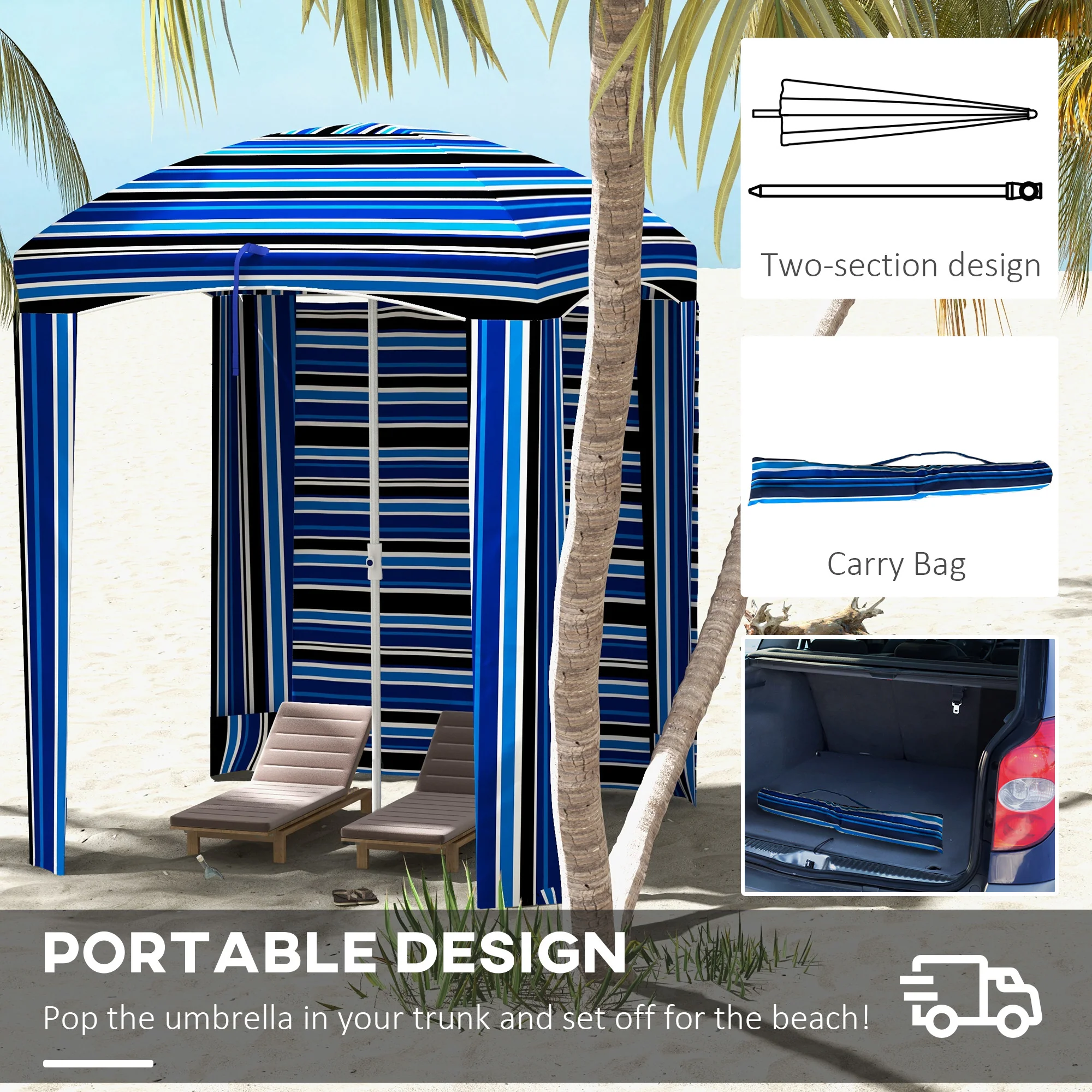 5.9' x 5.9' Portable Beach Cabana Umbrella, Blue Stripe - Image 8