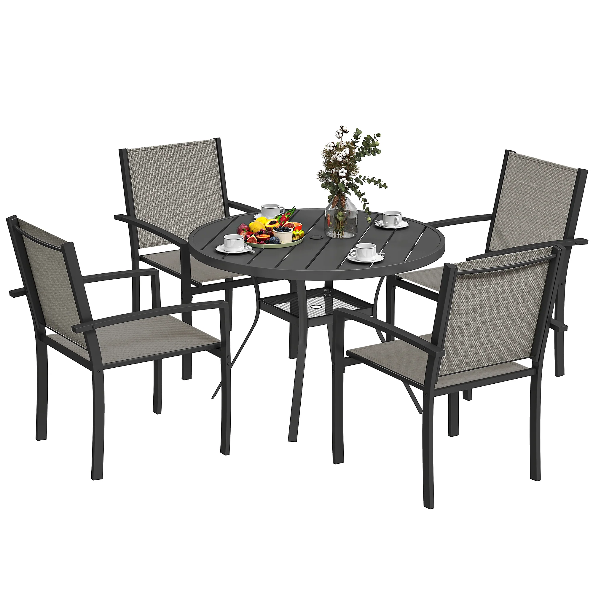 5 Piece Garden Dining Set with Round Table & 4 Stackable Chairs, Dark Grey