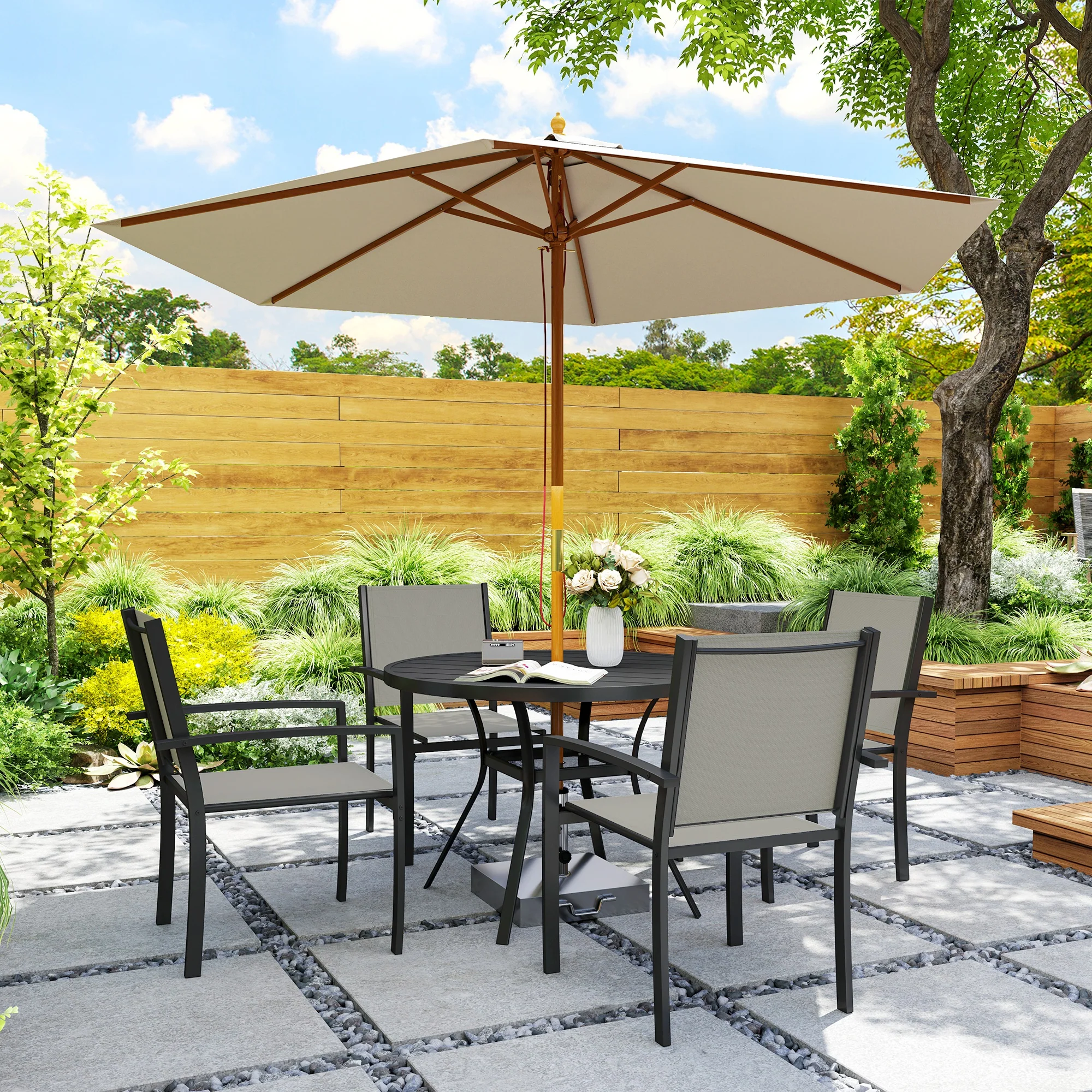 5 Piece Garden Dining Set with Round Table & 4 Stackable Chairs, Dark Grey - Image 10