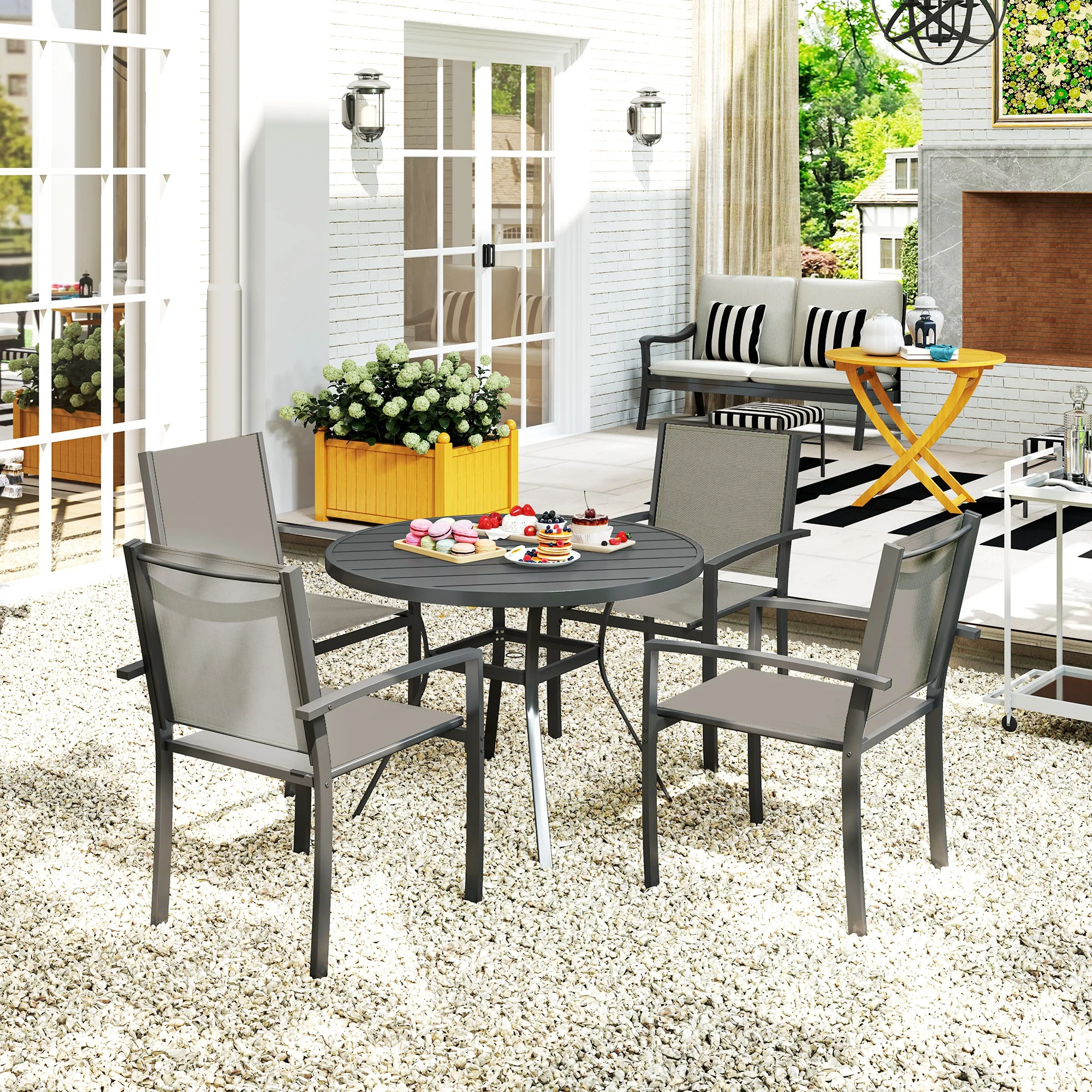 5 Piece Garden Dining Set with Round Table & 4 Stackable Chairs, Dark Grey - Image 11