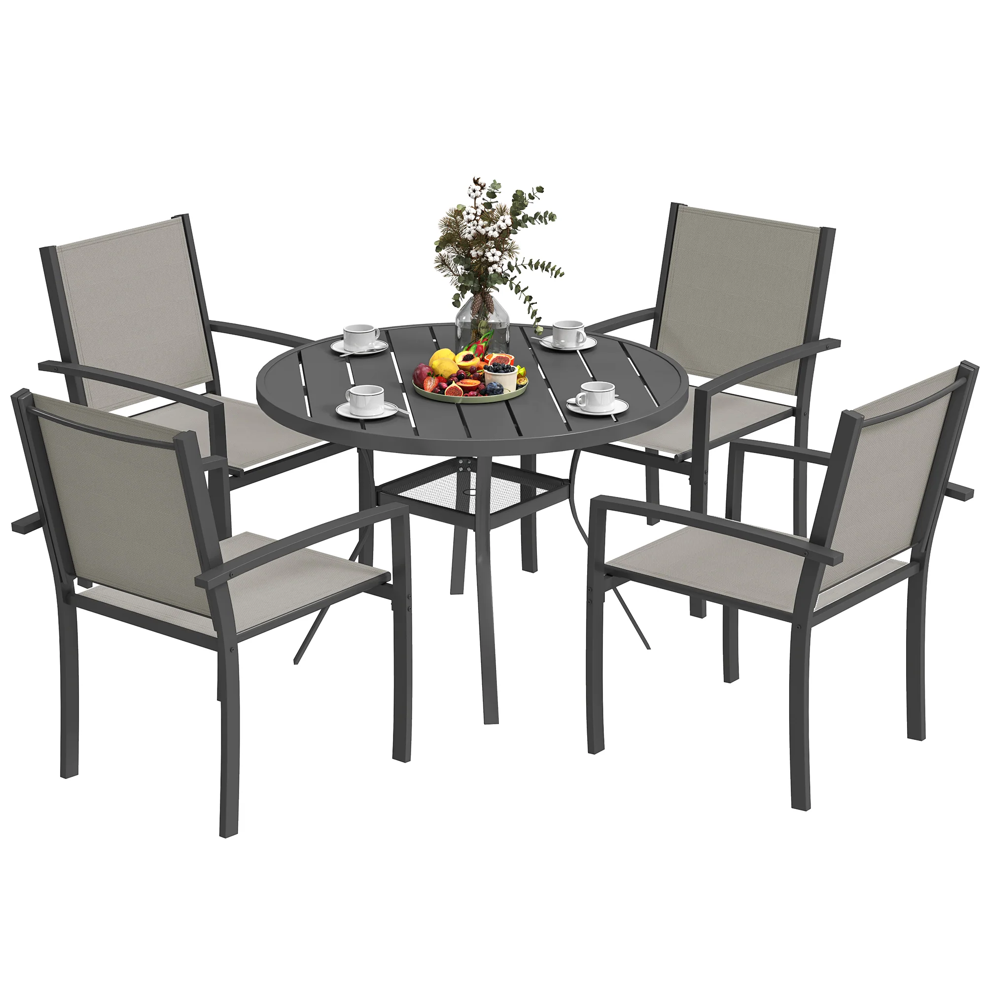 5 Piece Garden Dining Set with Round Table & 4 Stackable Chairs, Dark Grey - Image 2