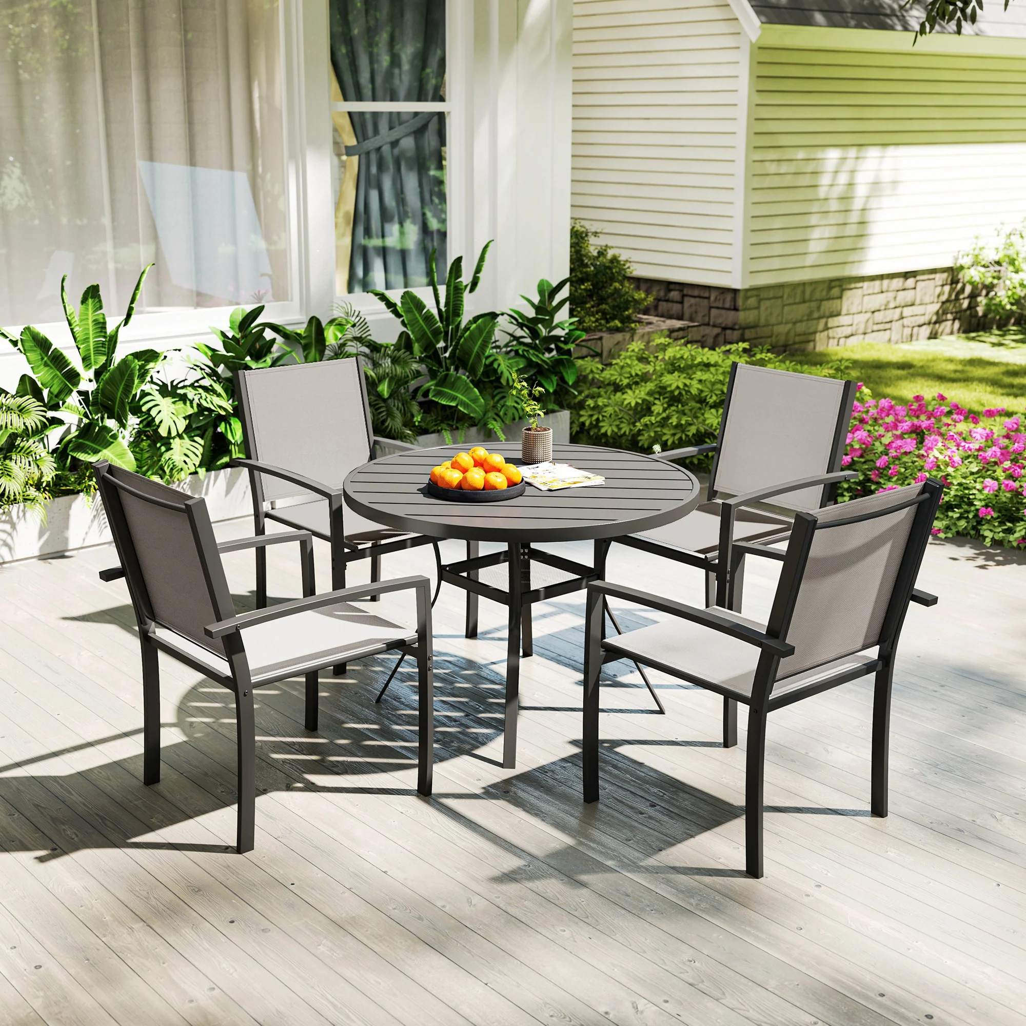 5 Piece Garden Dining Set with Round Table & 4 Stackable Chairs, Dark Grey - Image 4