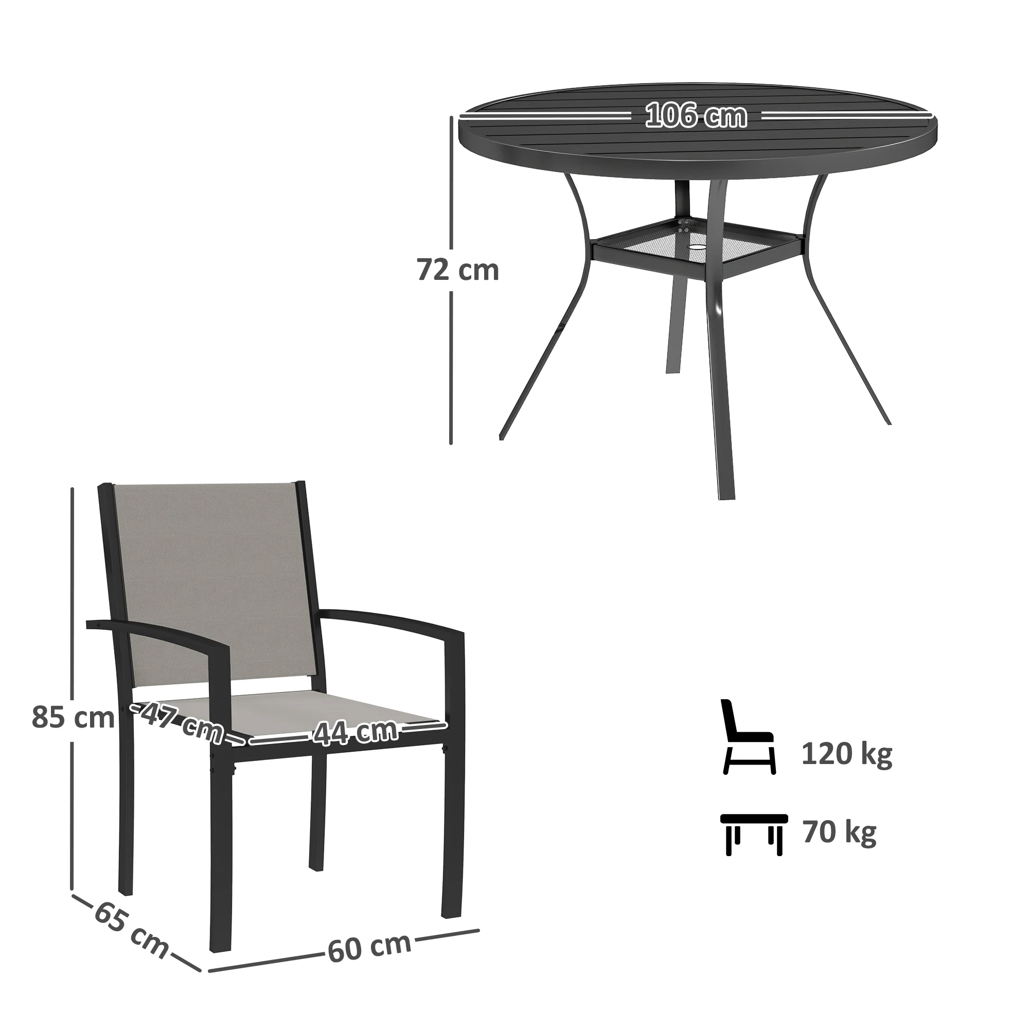 5 Piece Garden Dining Set with Round Table & 4 Stackable Chairs, Dark Grey - Image 5