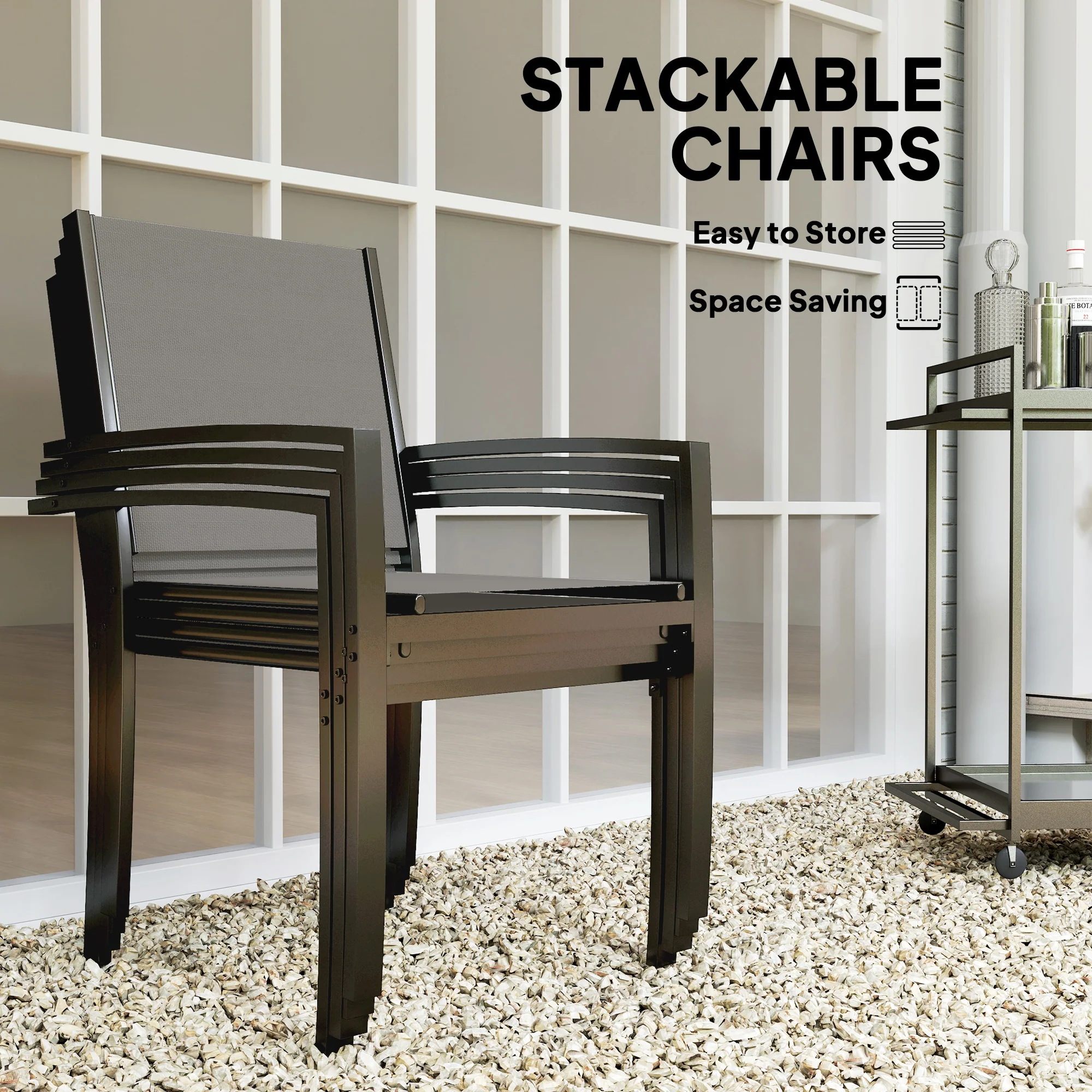 5 Piece Garden Dining Set with Round Table & 4 Stackable Chairs, Dark Grey - Image 6