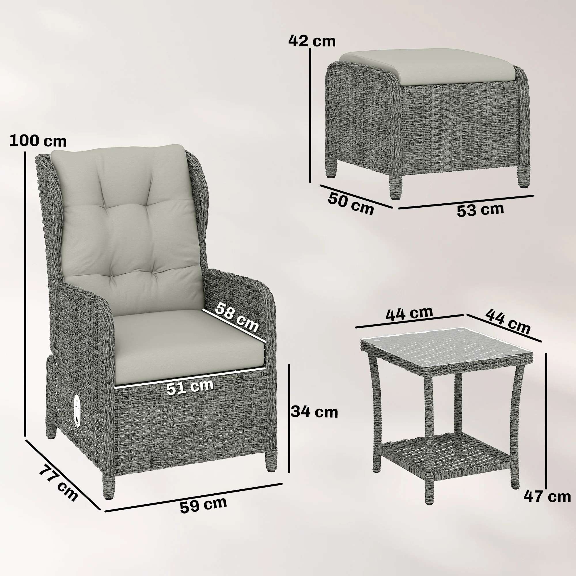 5 Piece Rattan Reclining Chair Set with Footstool and Glass Table, Cream White - Image 5