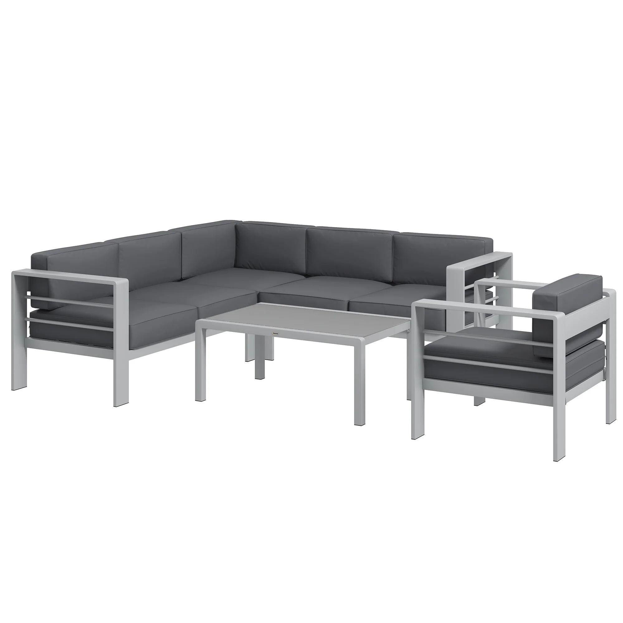 6 Seater Aluminium Patio Sectional Furniture Set with Glass Top Coffee Table, Light Grey