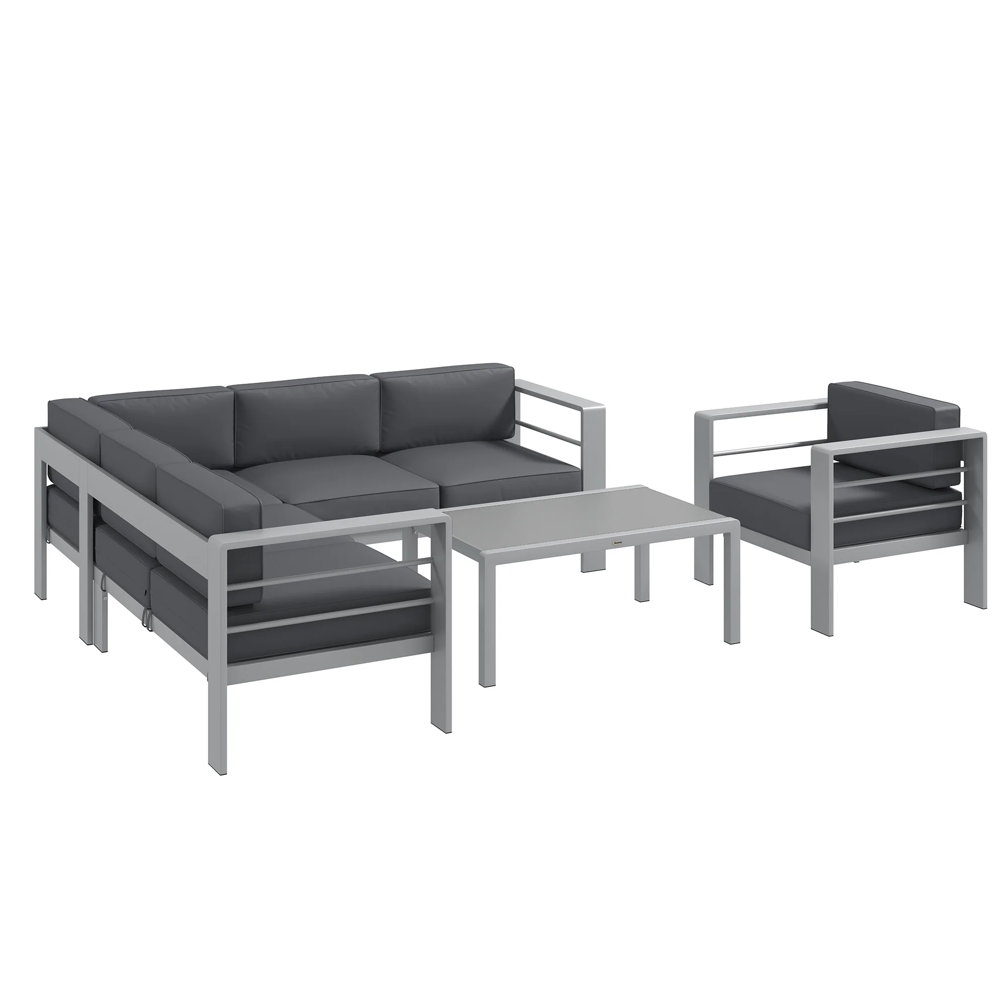 6 Seater Aluminium Patio Sectional Furniture Set with Glass Top Coffee Table, Light Grey - Image 2