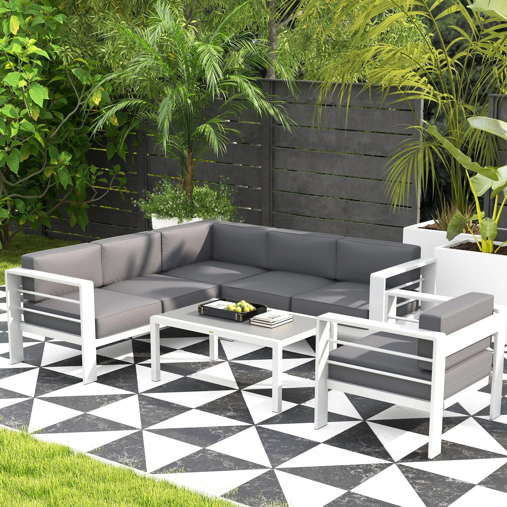 6 Seater Aluminium Patio Sectional Furniture Set with Glass Top Coffee Table, Light Grey - Image 4