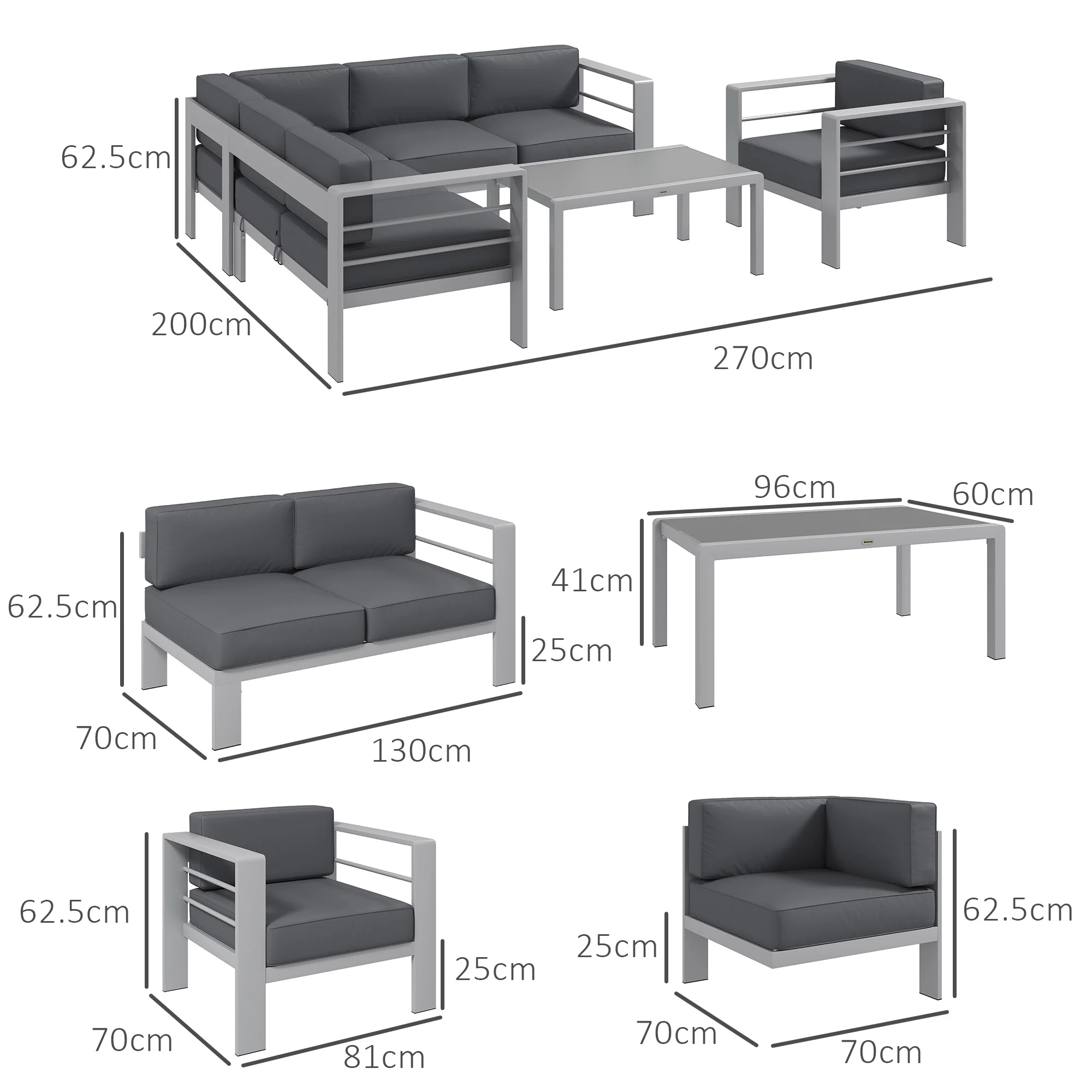 6 Seater Aluminium Patio Sectional Furniture Set with Glass Top Coffee Table, Light Grey - Image 5