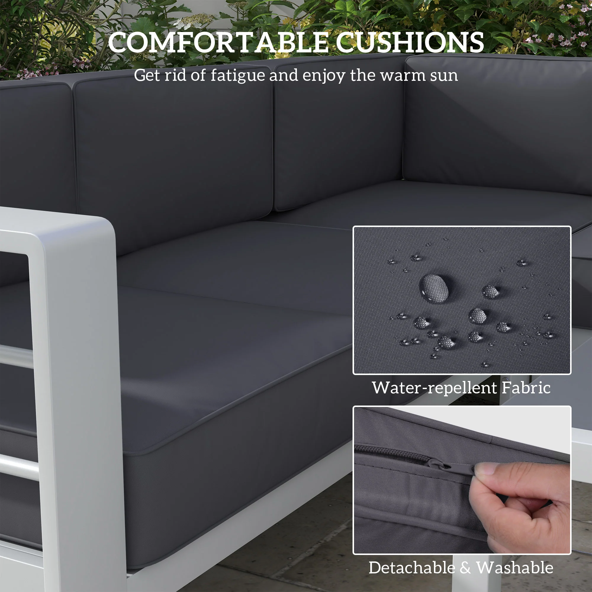 6 Seater Aluminium Patio Sectional Furniture Set with Glass Top Coffee Table, Light Grey - Image 6