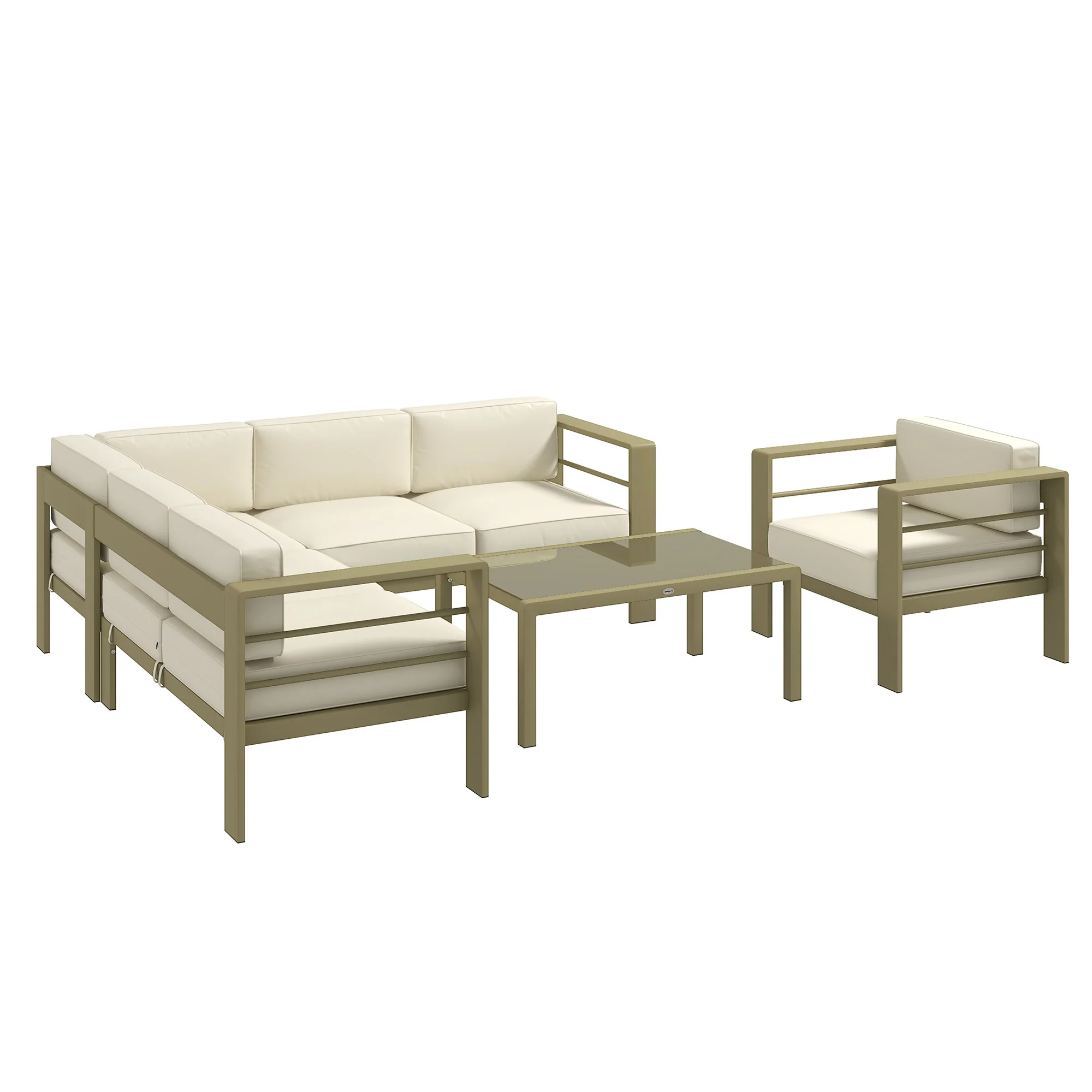 6 Seater Aluminium Patio Sectional Furniture Set with Glass Top Coffee Table, Gold Tone - Image 2