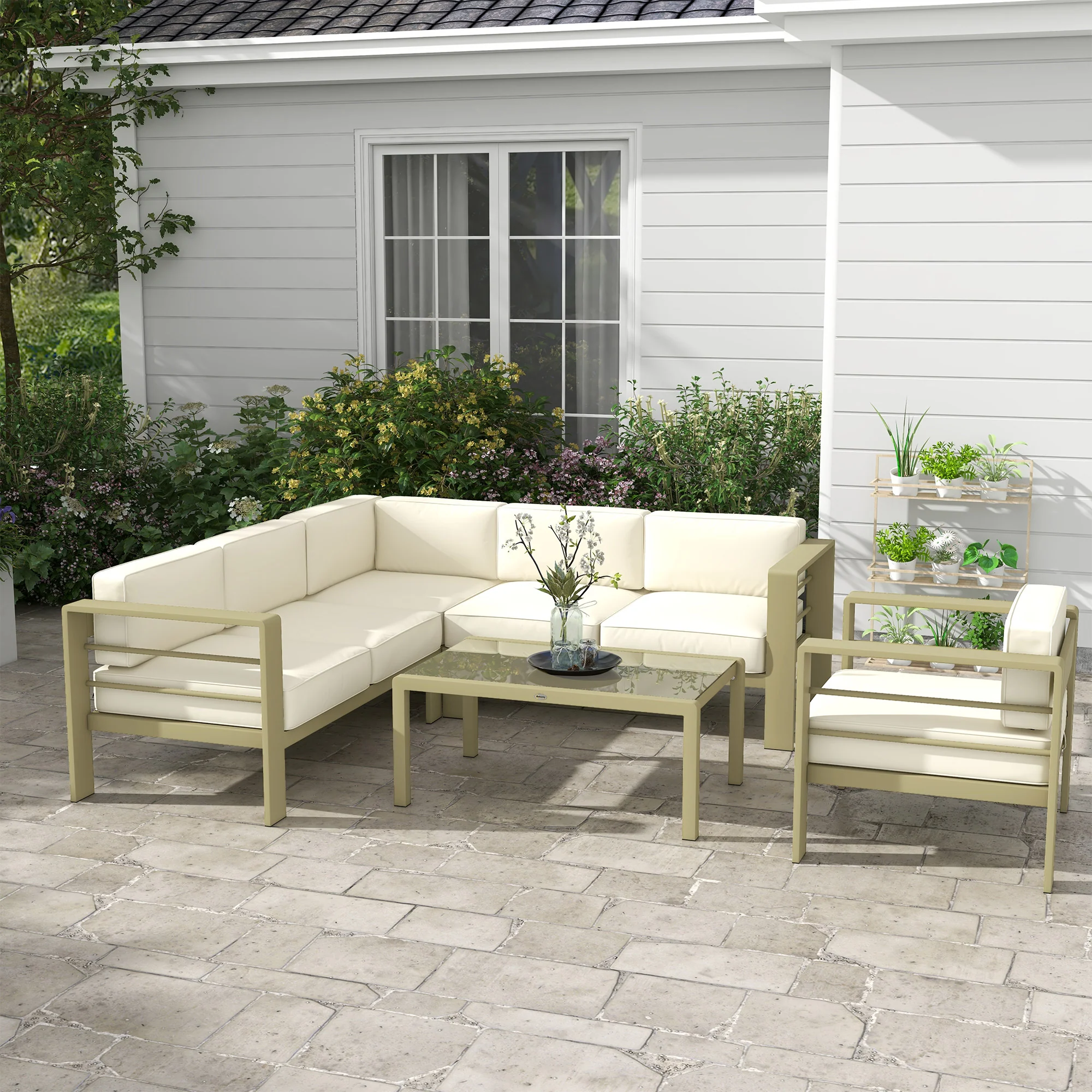 6 Seater Aluminium Patio Sectional Furniture Set with Glass Top Coffee Table, Gold Tone - Image 3