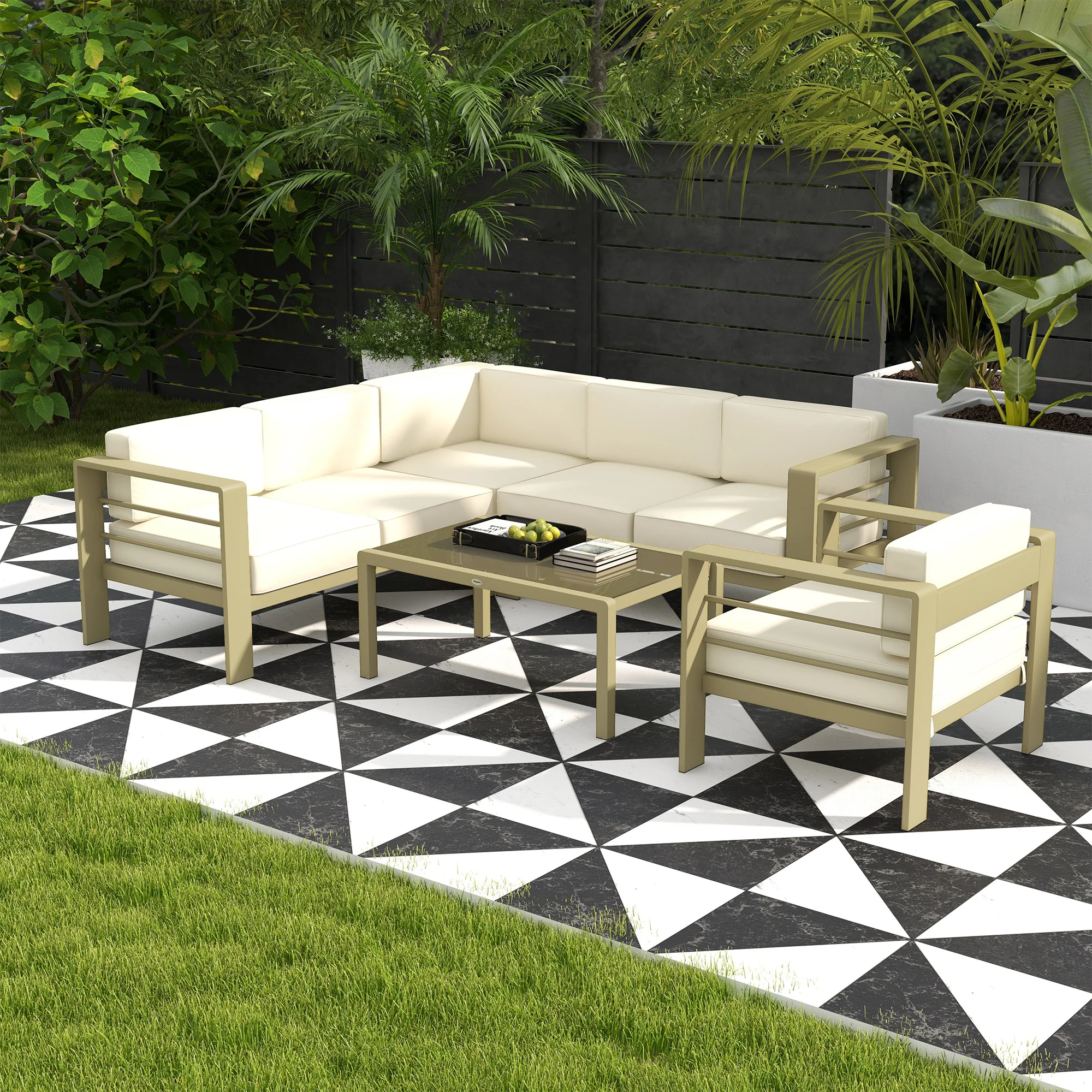 6 Seater Aluminium Patio Sectional Furniture Set with Glass Top Coffee Table, Gold Tone - Image 4