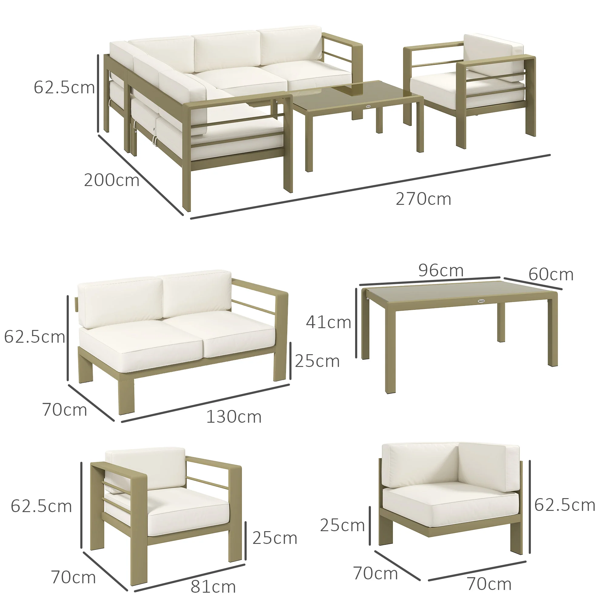 6 Seater Aluminium Patio Sectional Furniture Set with Glass Top Coffee Table, Gold Tone - Image 5