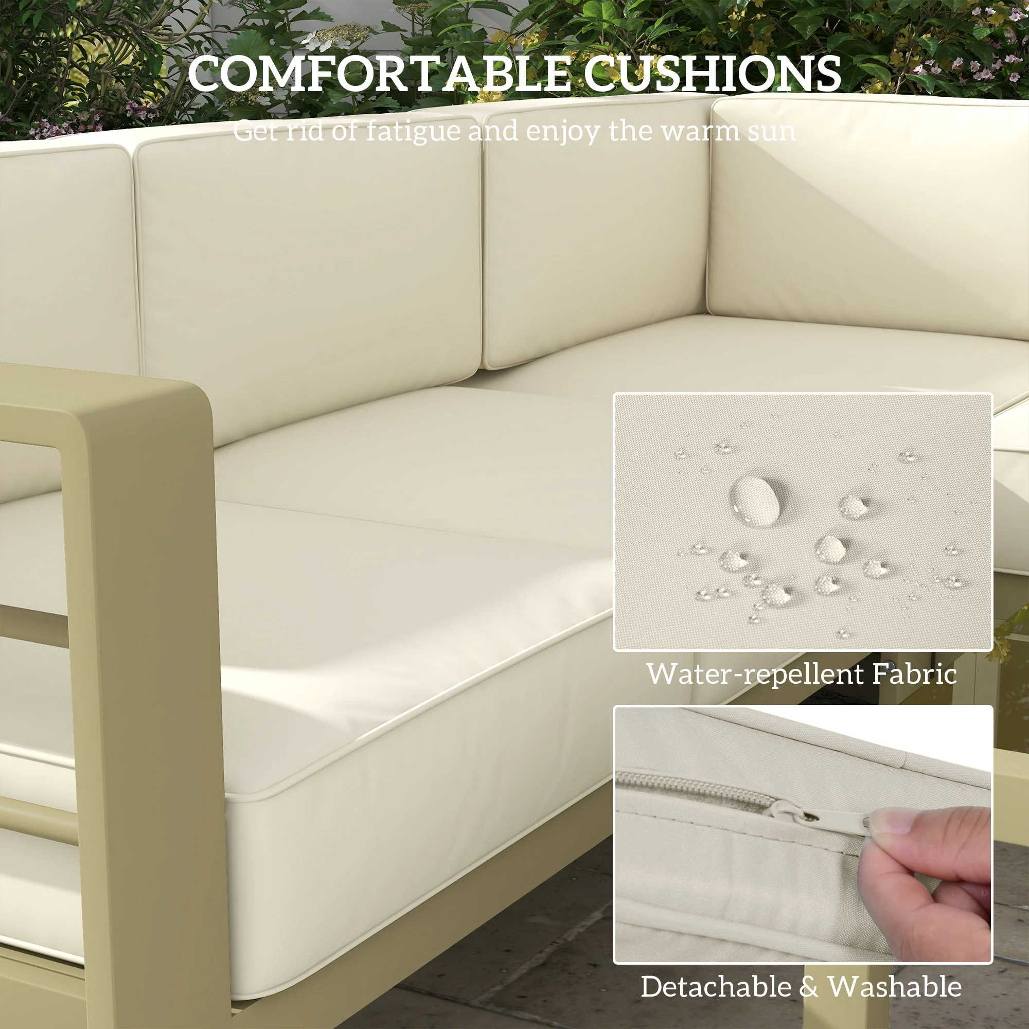 6 Seater Aluminium Patio Sectional Furniture Set with Glass Top Coffee Table, Gold Tone - Image 7