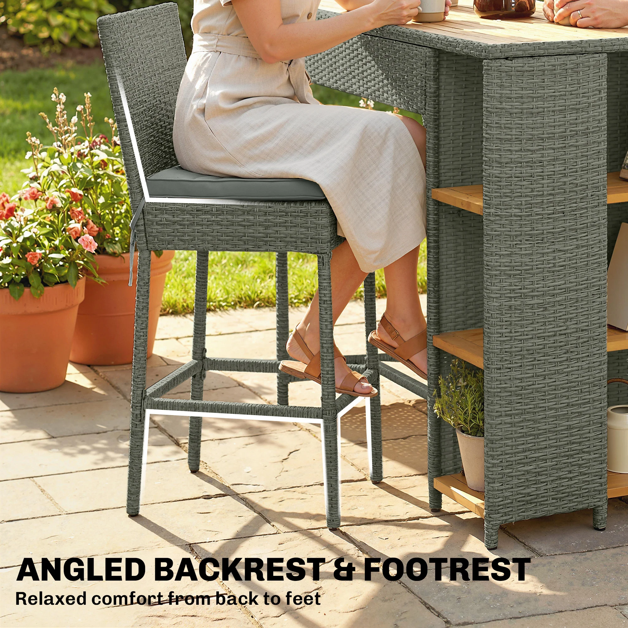 5 Piece Outdoor Bar Set with Storage Table and Cushions, Gray - Image 10