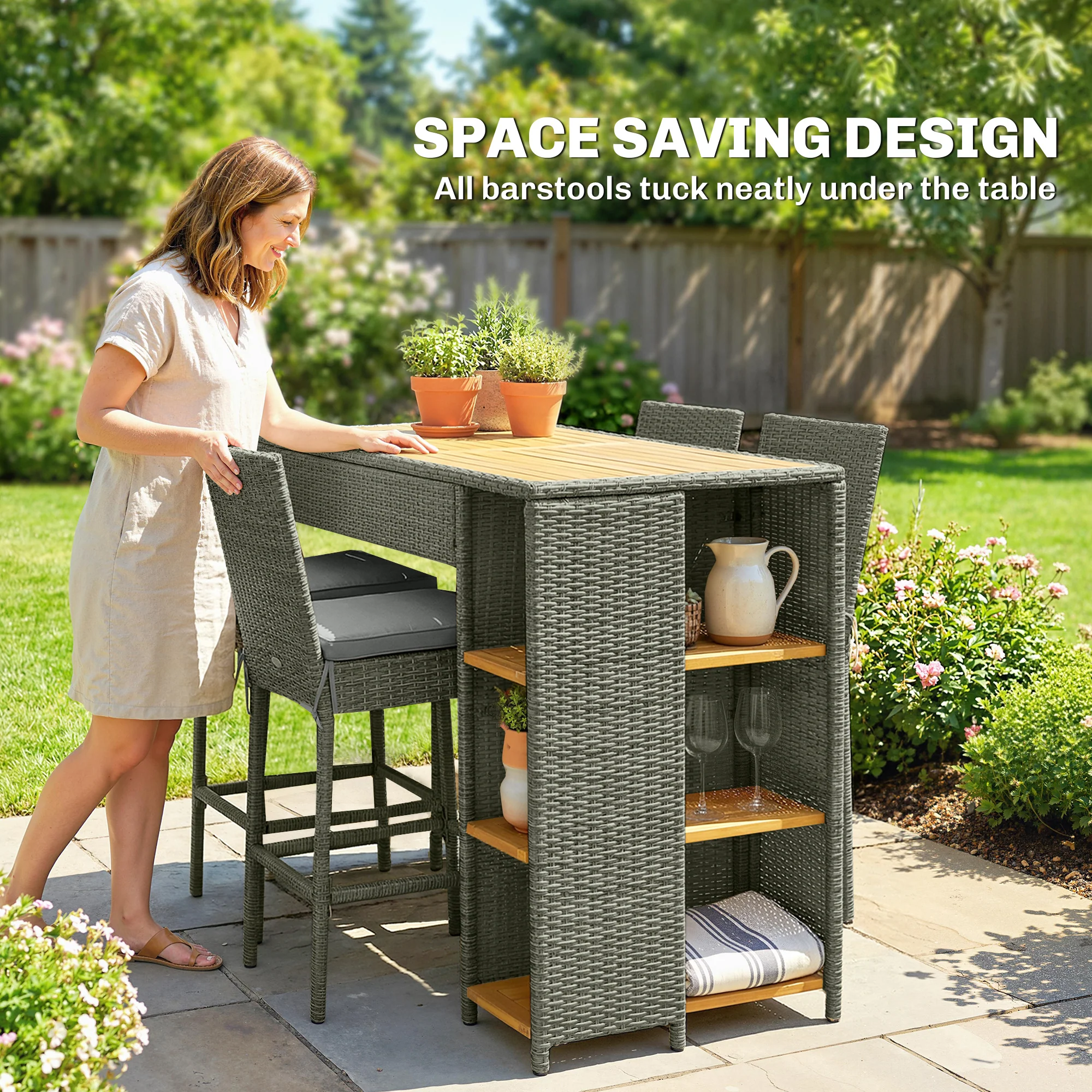 5 Piece Outdoor Bar Set with Storage Table and Cushions, Gray - Image 11