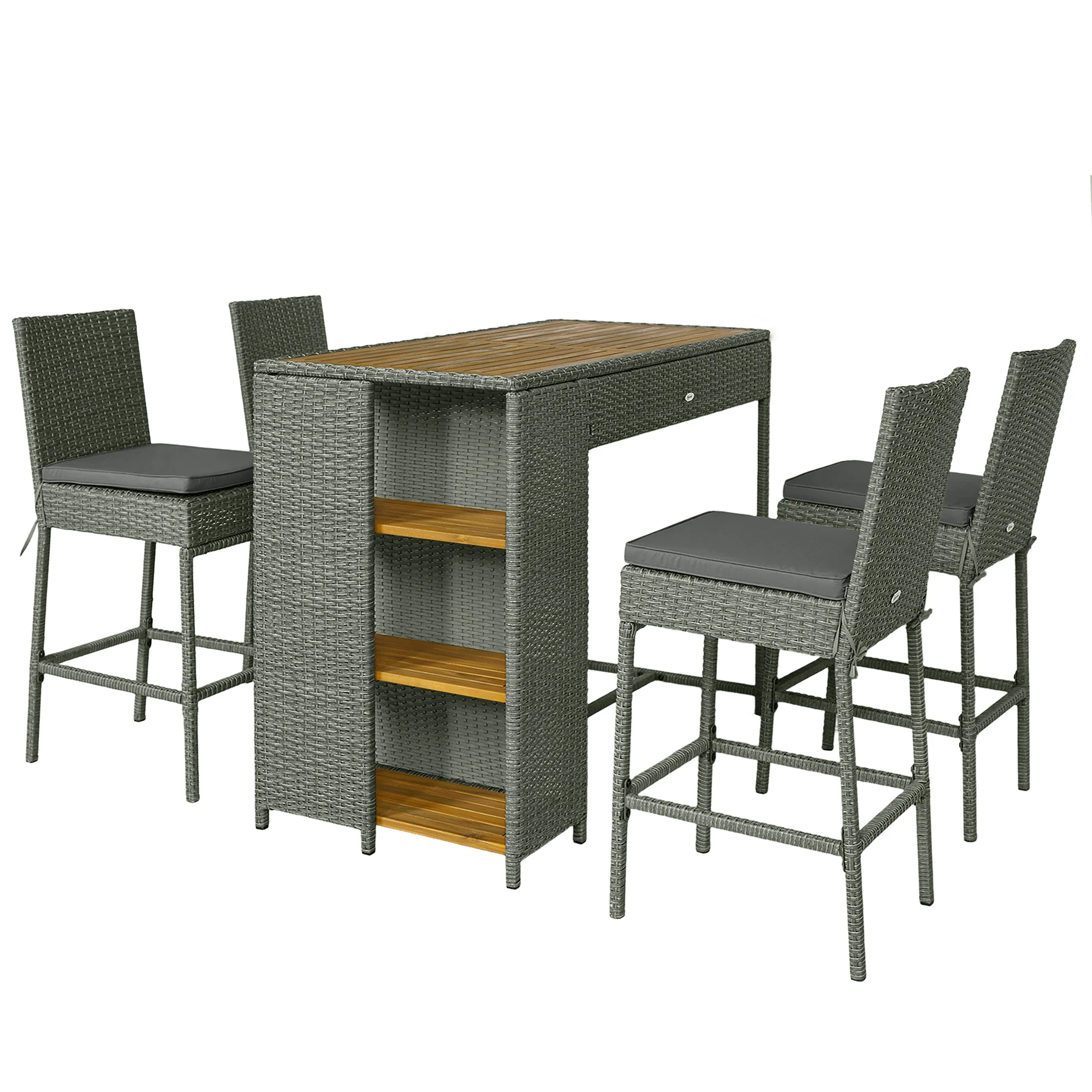 5 Piece Outdoor Bar Set with Storage Table and Cushions, Gray - Image 2