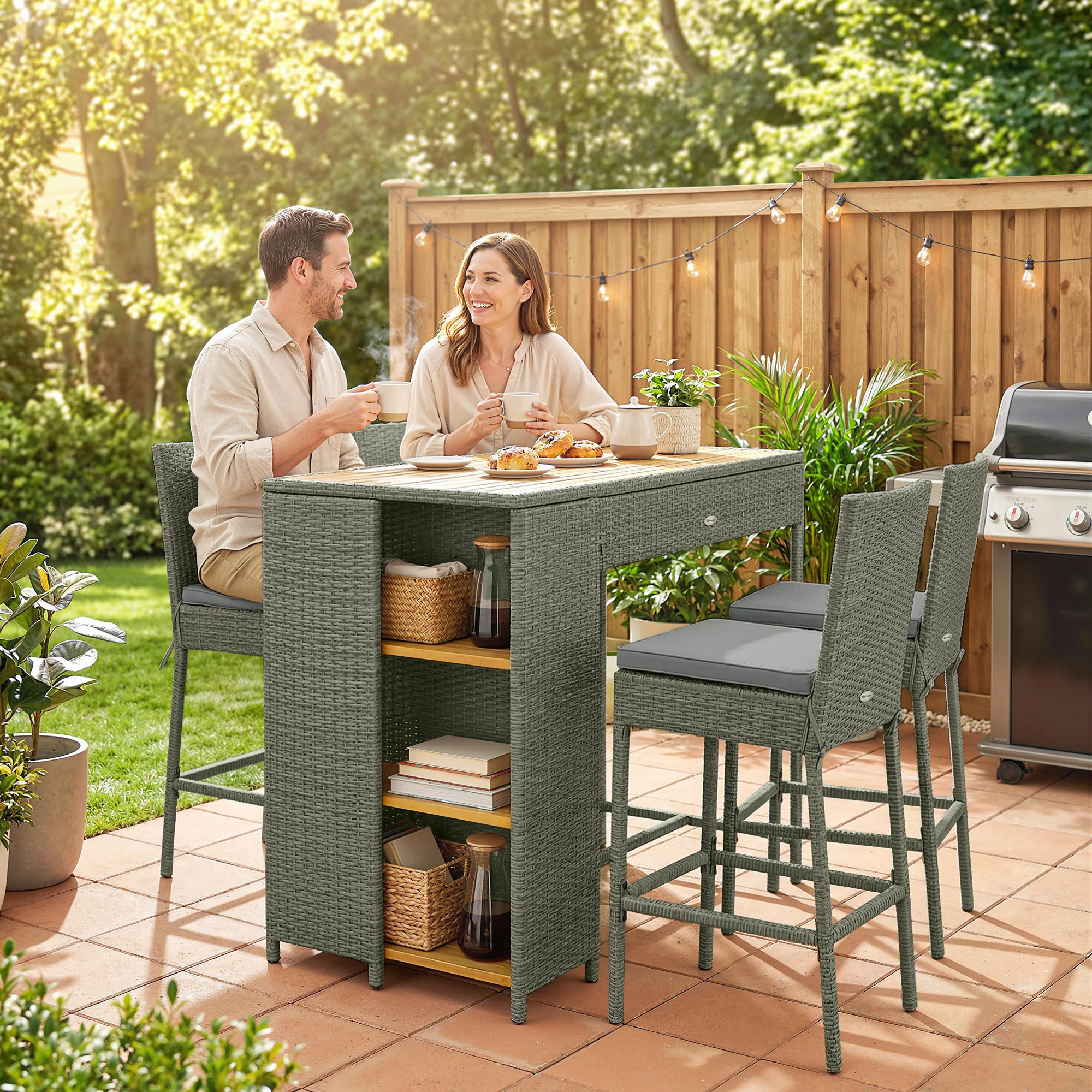 5 Piece Outdoor Bar Set with Storage Table and Cushions, Gray - Image 4