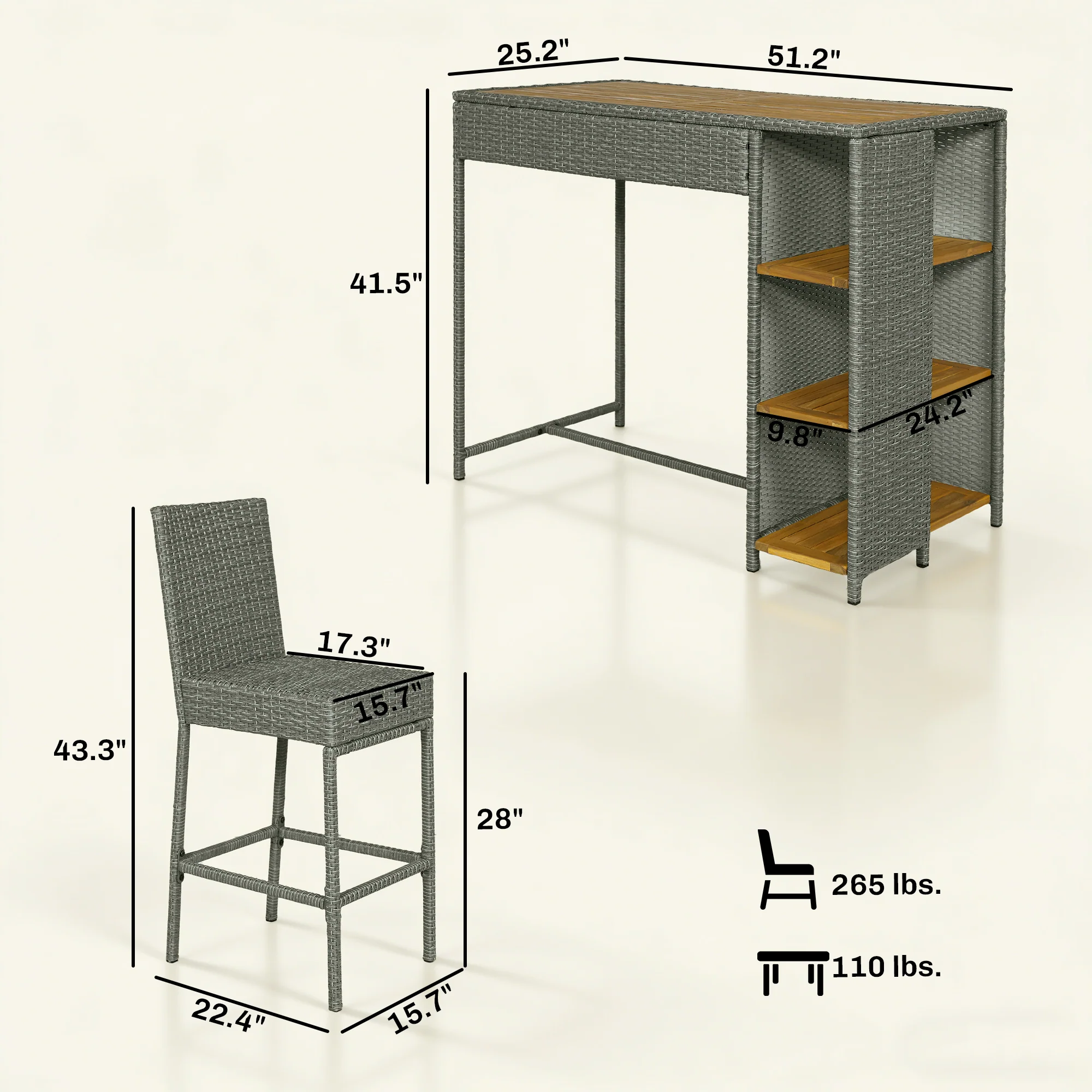 5 Piece Outdoor Bar Set with Storage Table and Cushions, Gray - Image 5