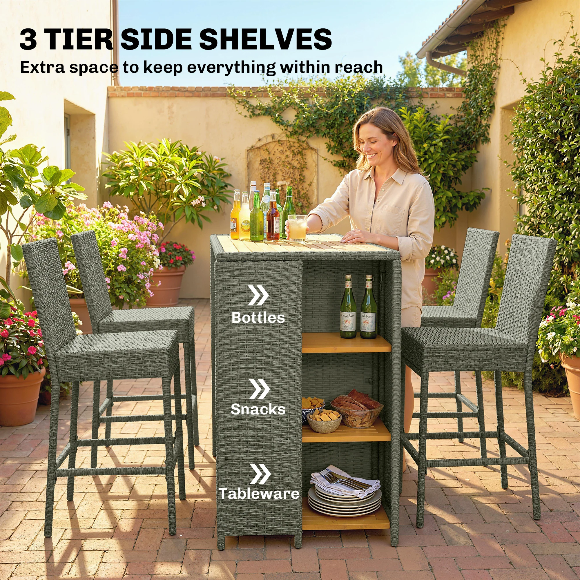 5 Piece Outdoor Bar Set with Storage Table and Cushions, Gray - Image 6