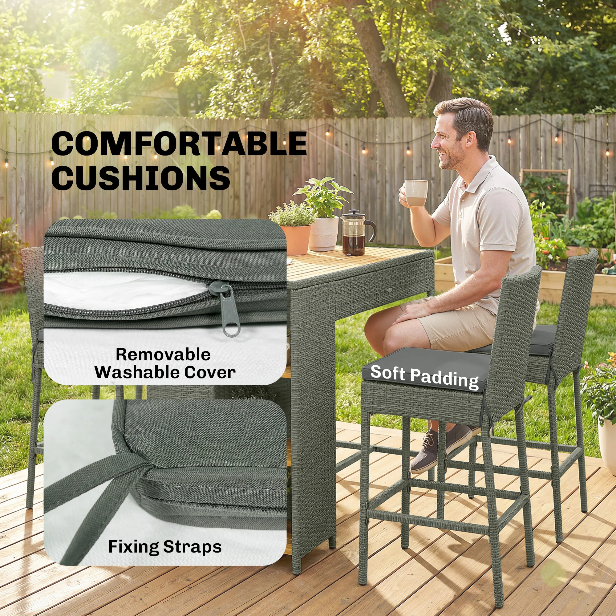 5 Piece Outdoor Bar Set with Storage Table and Cushions, Gray - Image 9