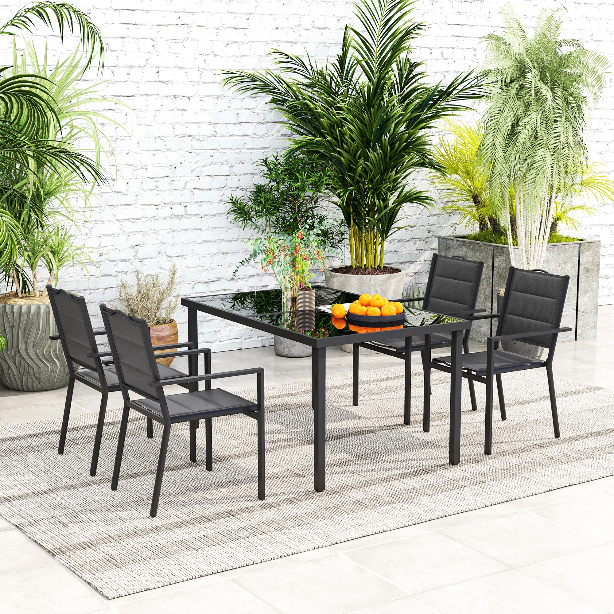 5 Piece Outdoor Dining Set w/ 4 Stackable Chairs, Rectangle Table, Tempered Glass Top, Black - Image 11