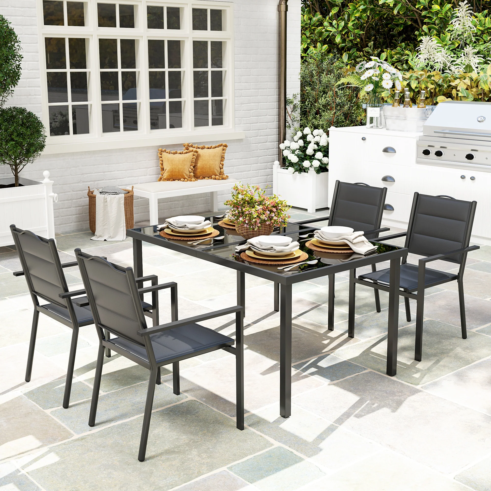 5 Piece Outdoor Dining Set w/ 4 Stackable Chairs, Rectangle Table, Tempered Glass Top, Black - Image 3